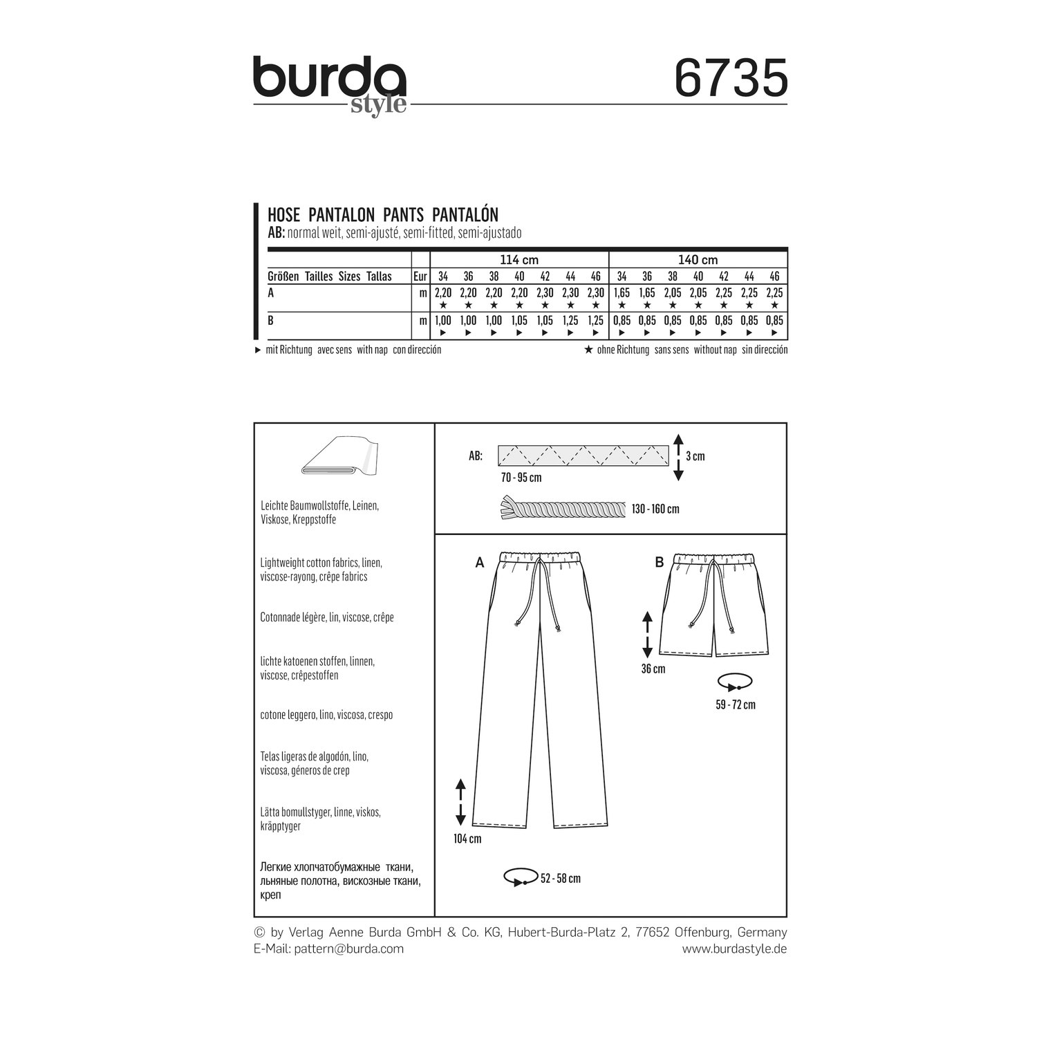 burda style Schnittmuster 6735: Bequeme Hose mit Kordelzug, Rückseite der Schnittmustertüte mit Stoffverbrauch