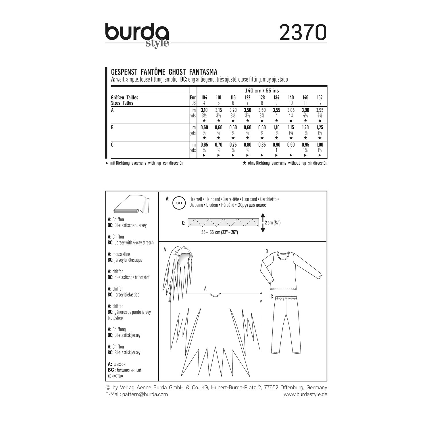 burda style Schnittmuster 2370: Gespensterkostüm für Kinder, Rückseite der Schnittmustertüte mit Stoffverbrauch