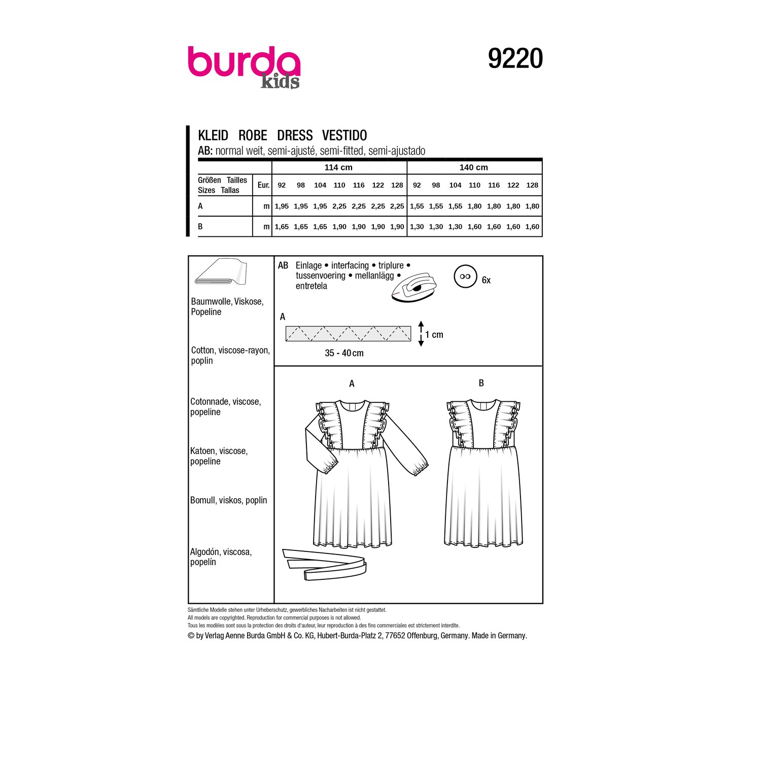 burda style Schnittmuster 9220: Festkleid mit Taillenschleife, Rückseite der Schnittmustertüte mit Stoffverbrauch