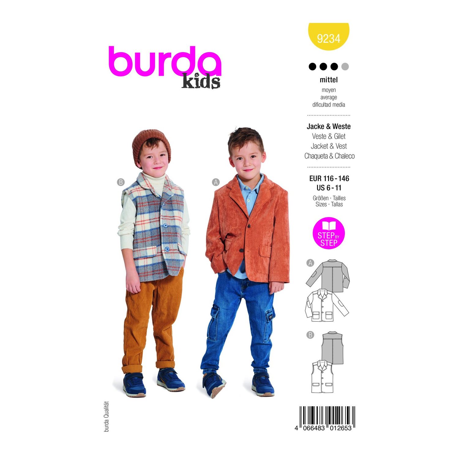 burda style Schnittmuster 9234: Reversjacke und Weste für Jungen, Modellfoto 1