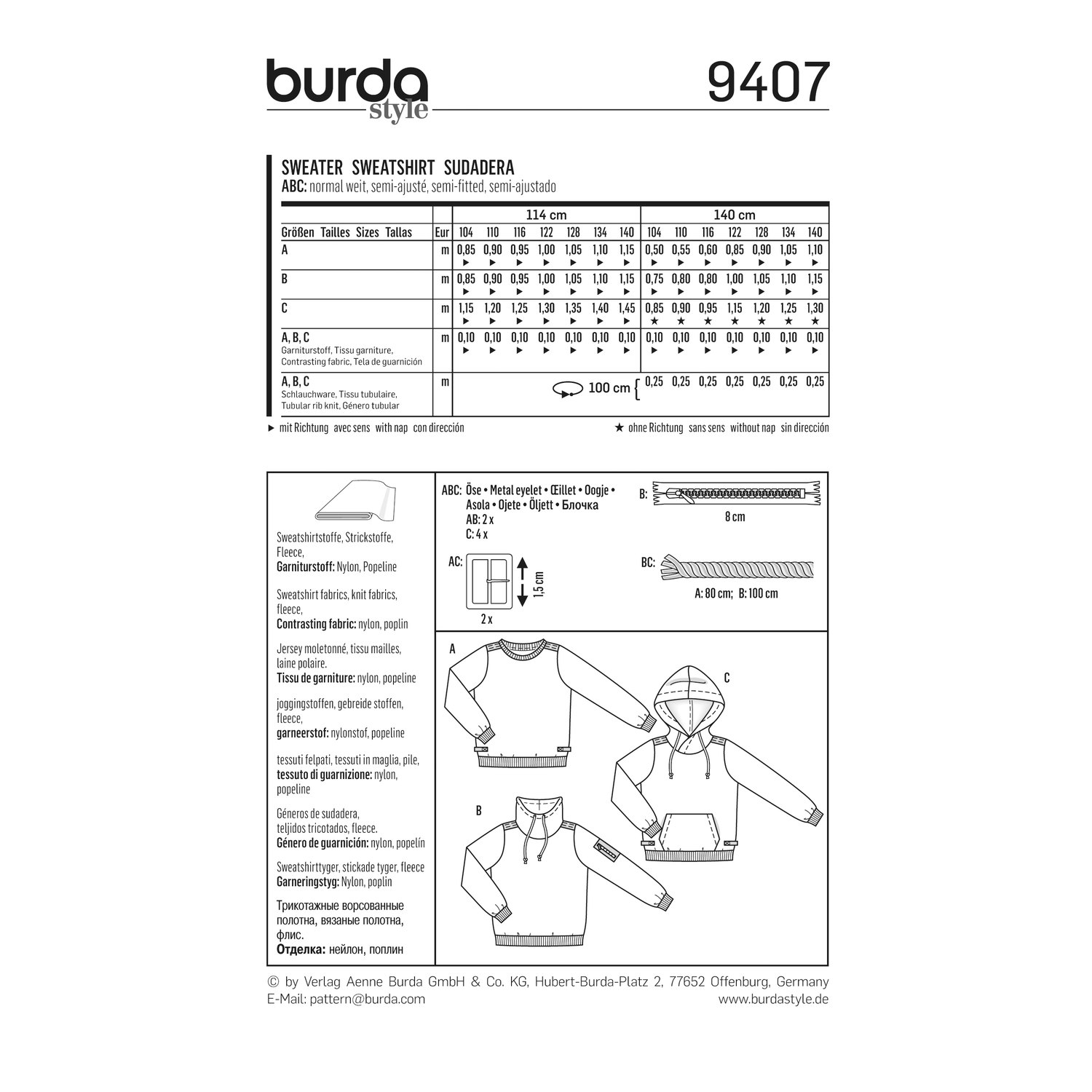 burda style Schnittmuster 9407: Pulli, Sweater und Hoodie, Rückseite der Schnittmustertüte mit Stoffverbrauch