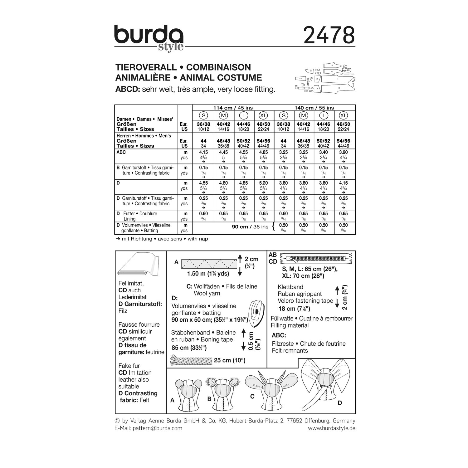 burda style Schnittmuster 2478: Tieroveralls mit separater Kapuze, Rückseite der Schnittmustertüte mit Stoffverbrauch