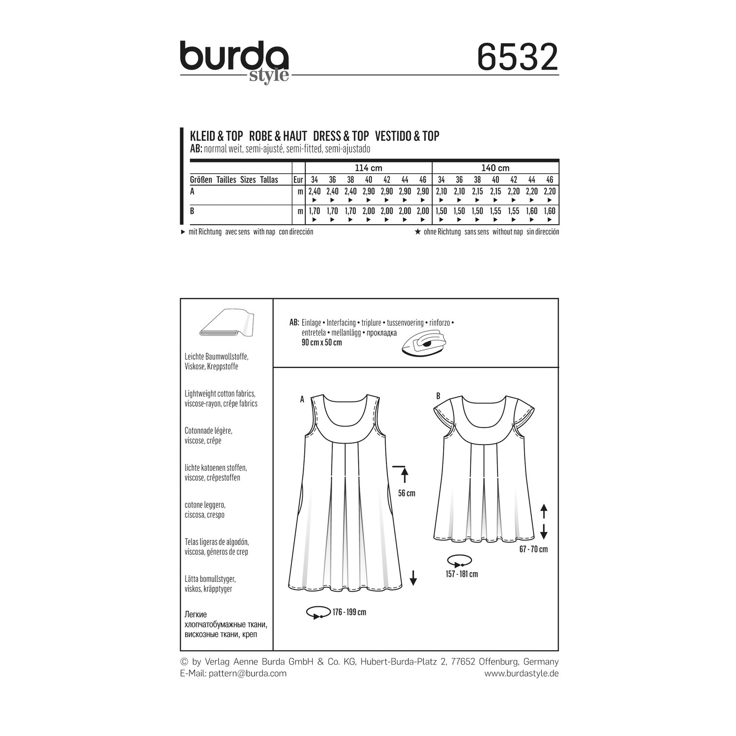 burda style Schnittmuster 6532: Hängerkleid und Top mit Passe, Rückseite der Schnittmustertüte mit Stoffverbrauch