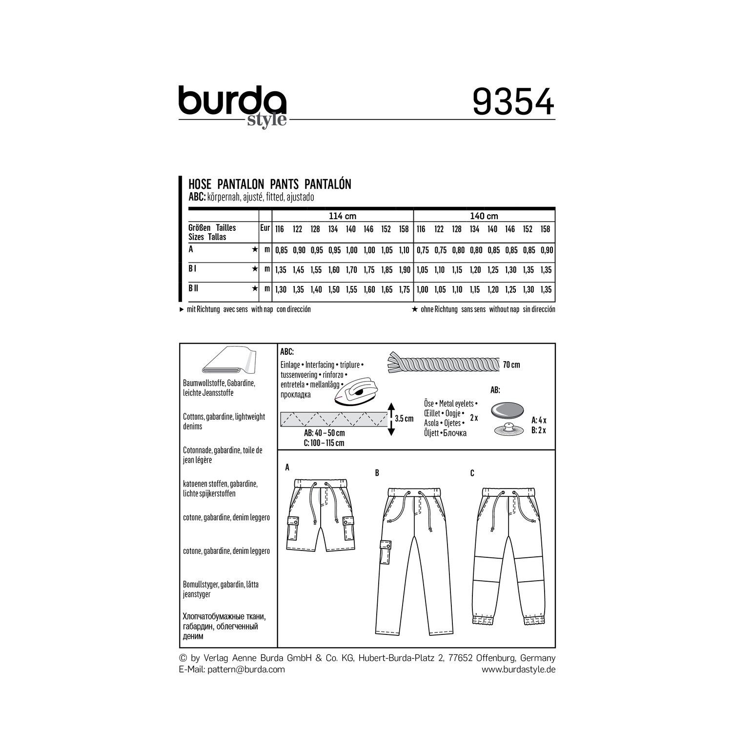 burda style Schnittmuster 9354: Hose mit Hüftpassentaschen, Rückseite der Schnittmustertüte mit Stoffverbrauch