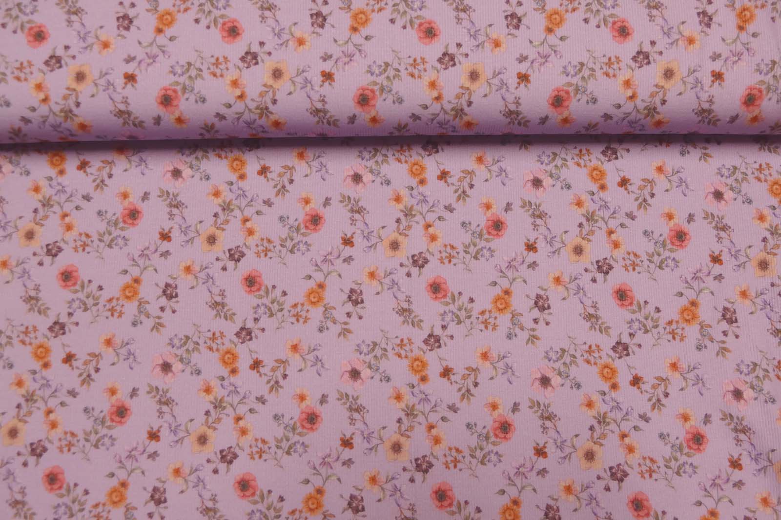 Baumwoll  Rippenjersey lila Blümchen  639