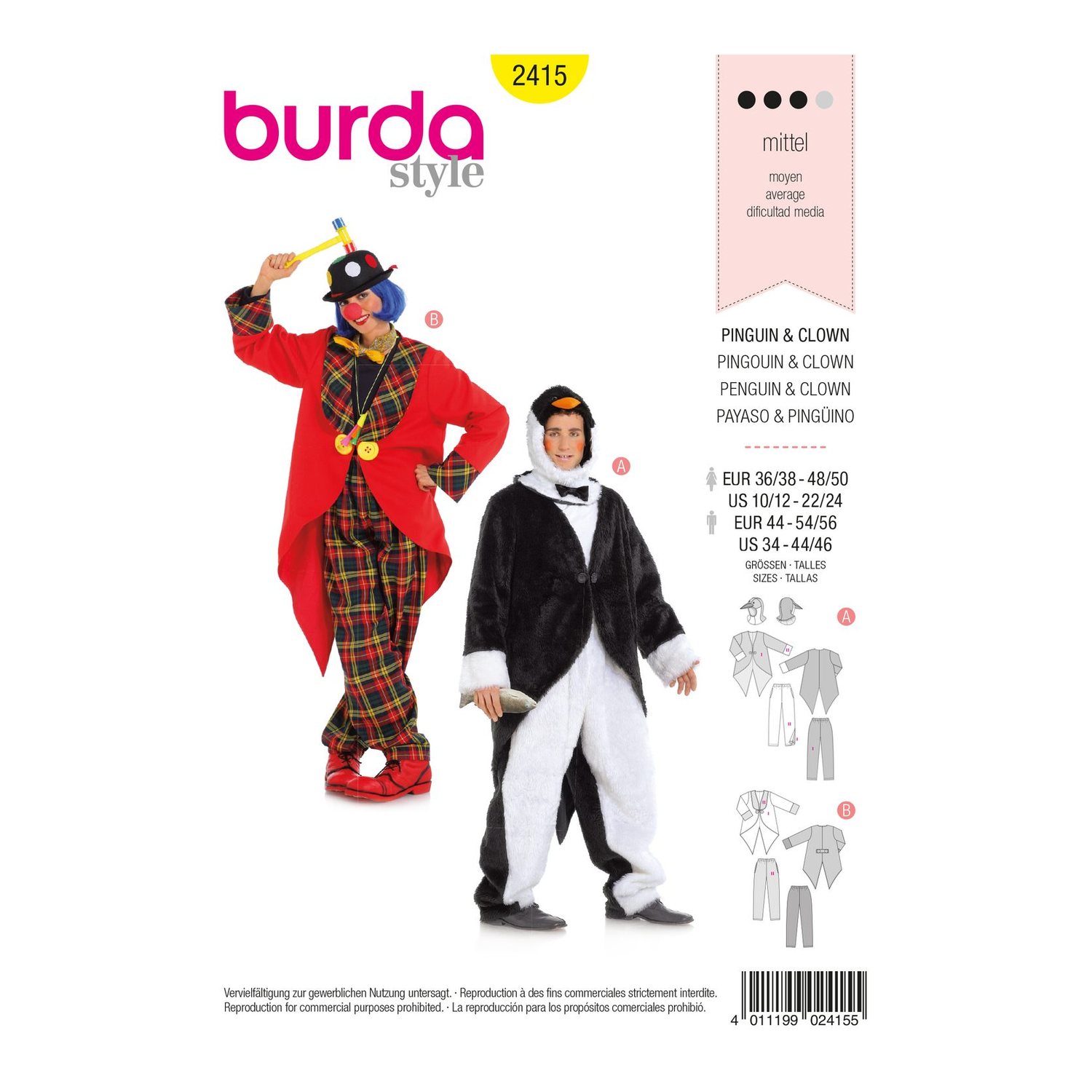 burda style Schnittmuster 2415: Kostüme Clown und Pinguin für Erwachsene, Vorderseite der Schnittmustertüte