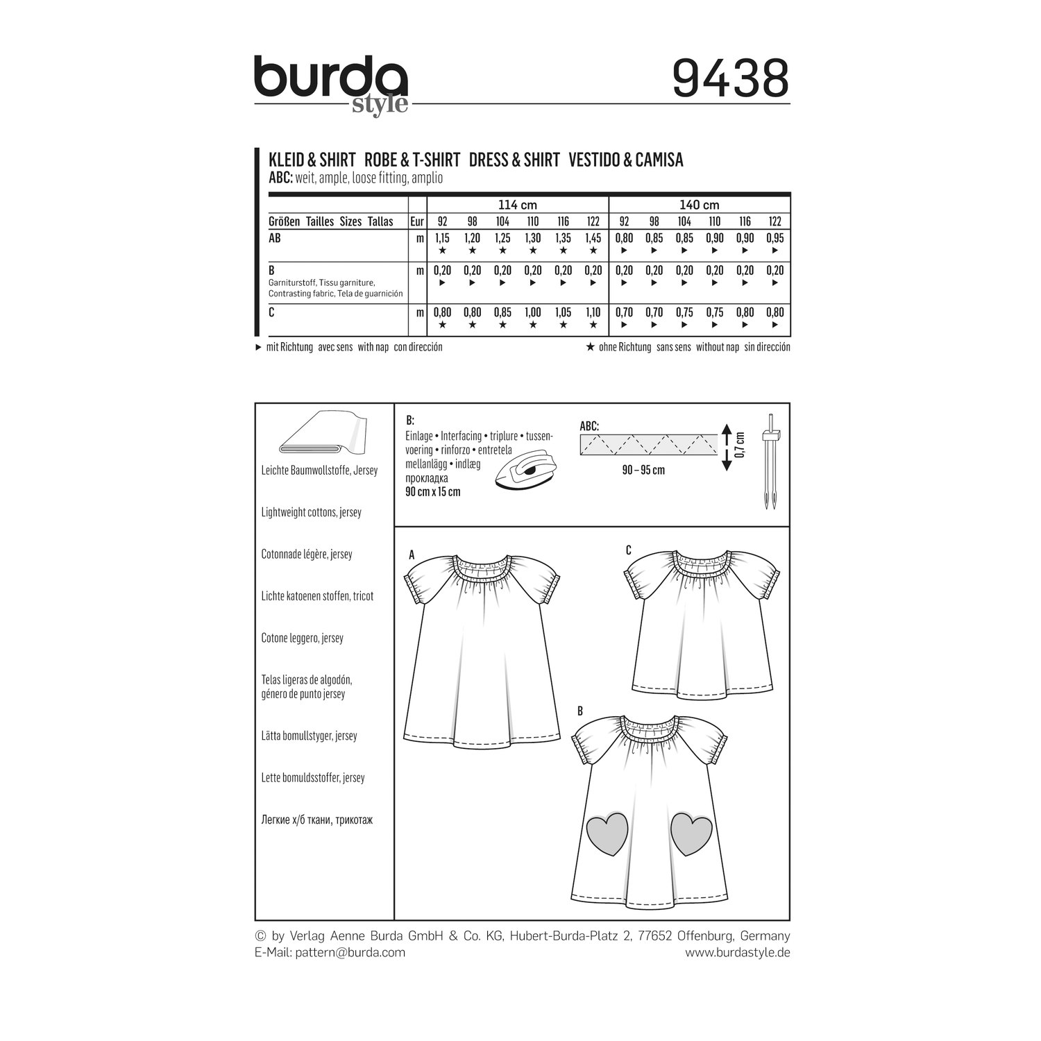 burda style Schnittmuster 9438: Raglankleid und Raglanshirt, Rückseite der Schnittmustertüte mit Stoffverbrauch