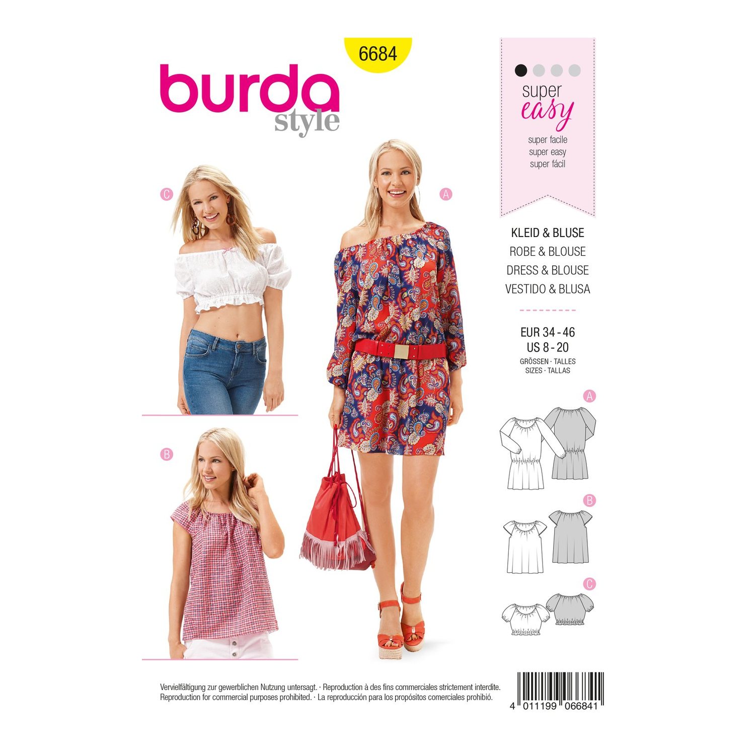 burda style Schnittmuster 6684: Kleid und Carmenbluse mit Raglanärmeln, Vorderseite der Schnittmustertüte