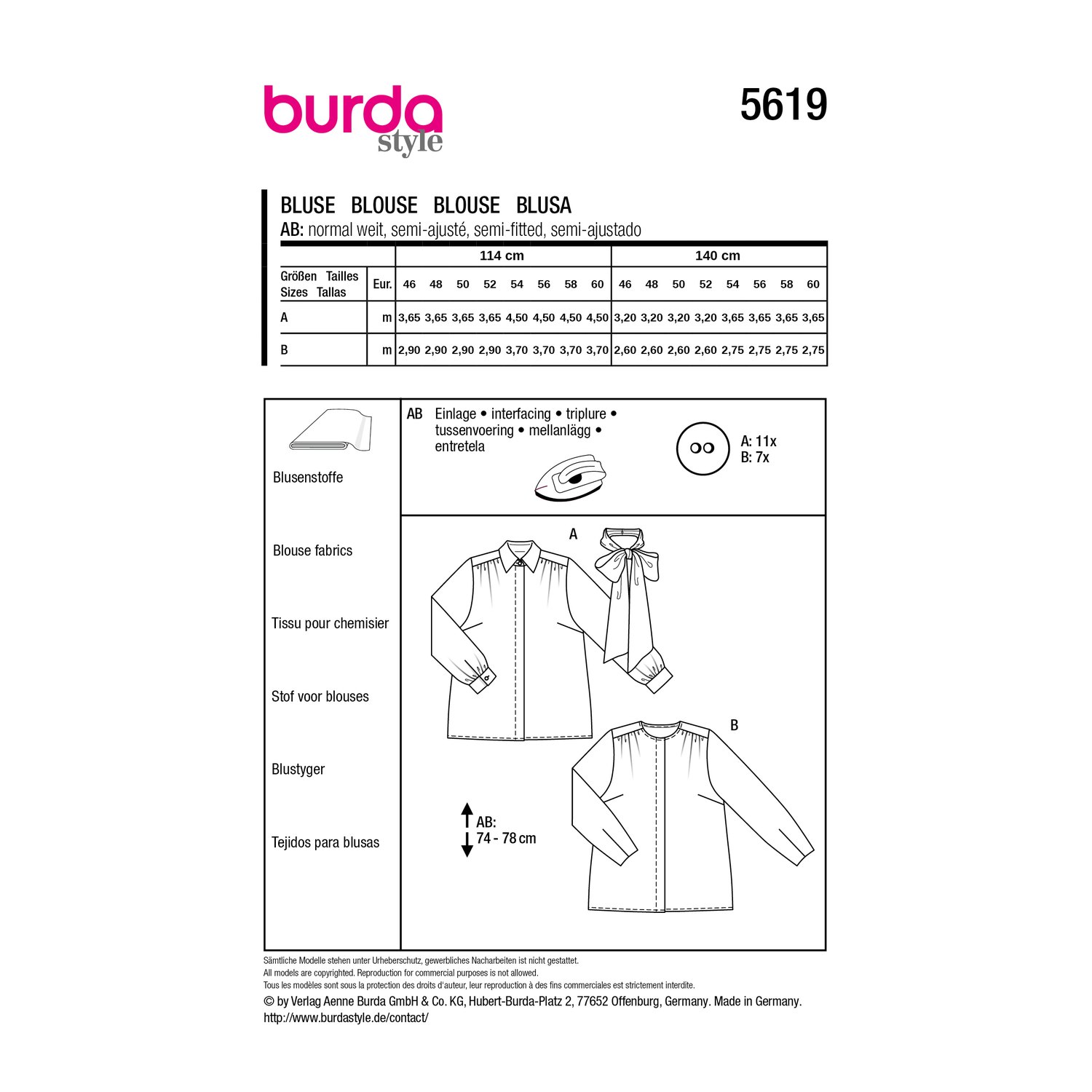 burda style Schnittmuster 5619: Blusen für Curvy-Größen, Rückseite der Schnittmustertüte mit Stoffverbrauch