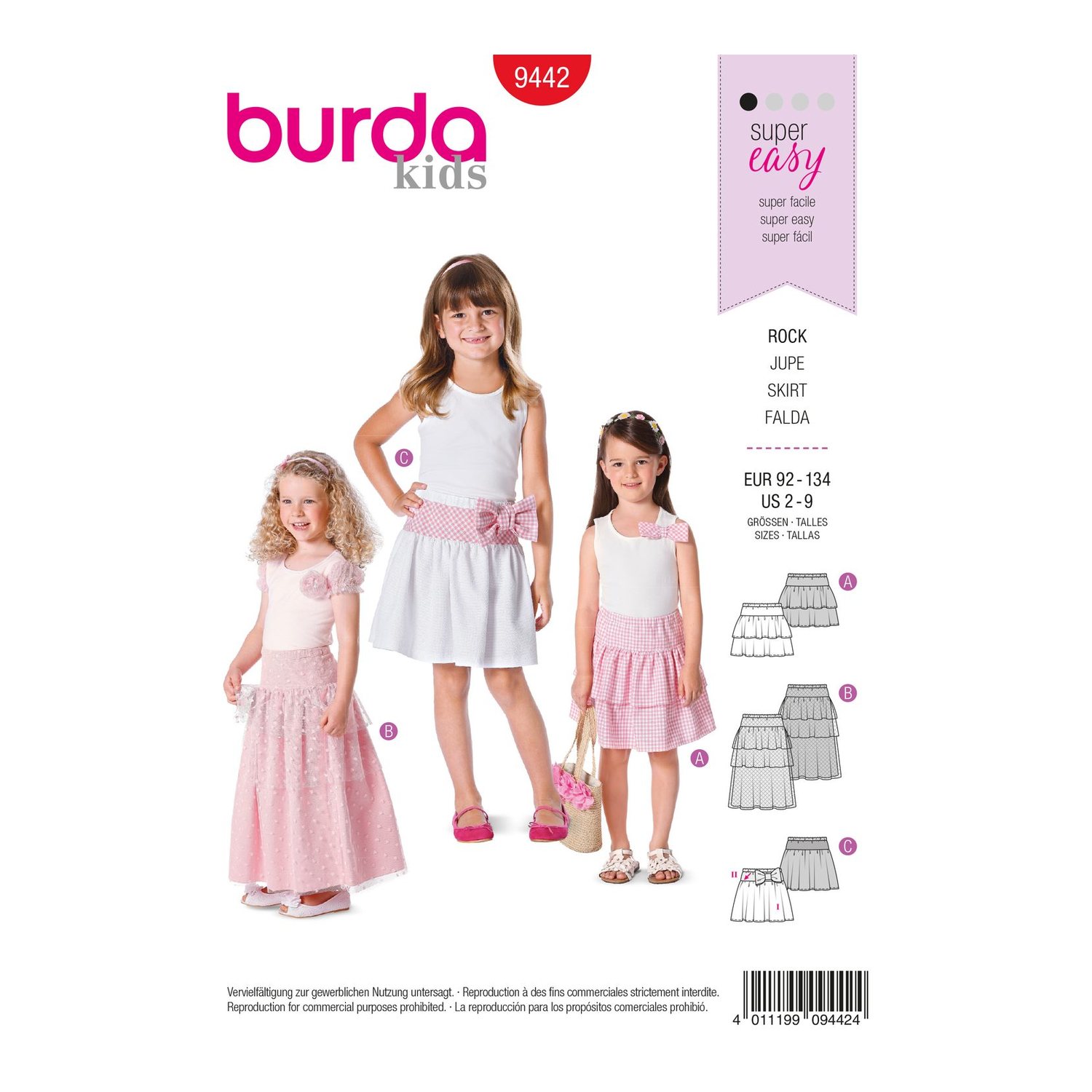 burda style Schnittmuster 9442: Stufenröcke für Mädchen, Vorderseite der Schnittmustertüte
