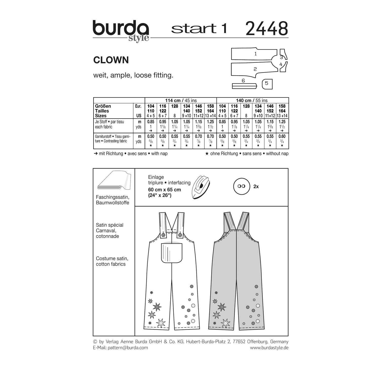 burda style Schnittmuster 2448: Clownshose mit Trägern für Kinder, Rückseite der Schnittmustertüte mit Stoffverbrauch