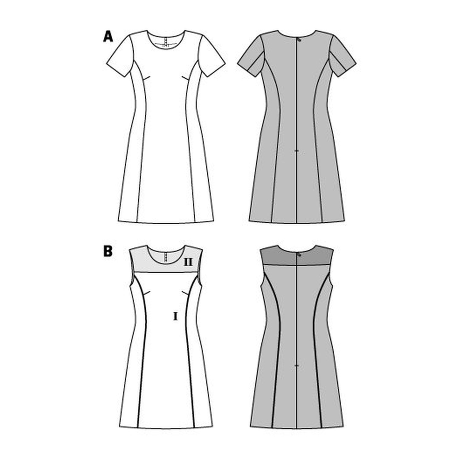 burda style Schnittmuster 6627: Kleid mit Teilungsnähten und Passe, Technische Zeichnung