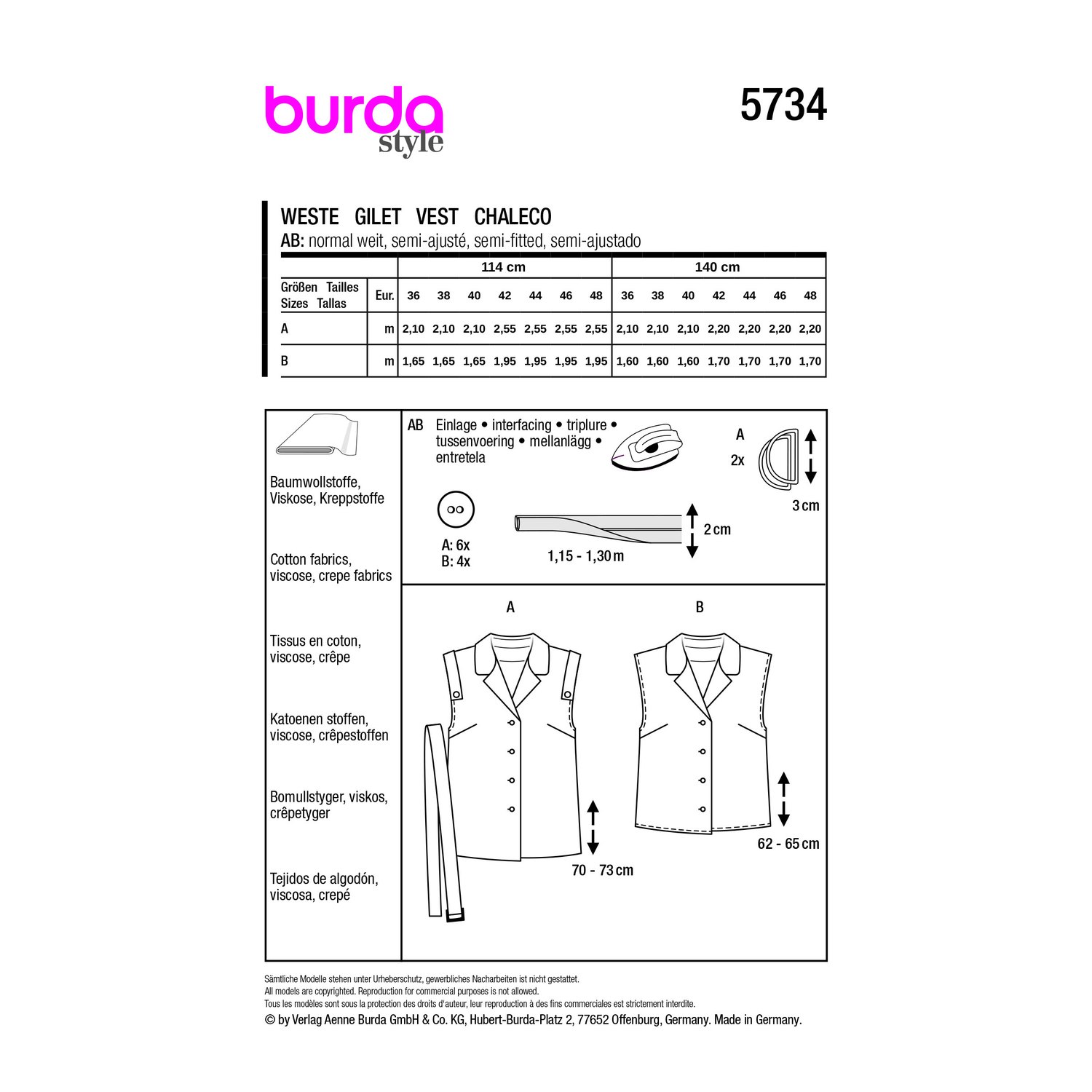 burda style Schnittmuster 5734: Weste und Bluse mit Reverskragen, Rückseite der Schnittmustertüte mit Stoffverbrauch