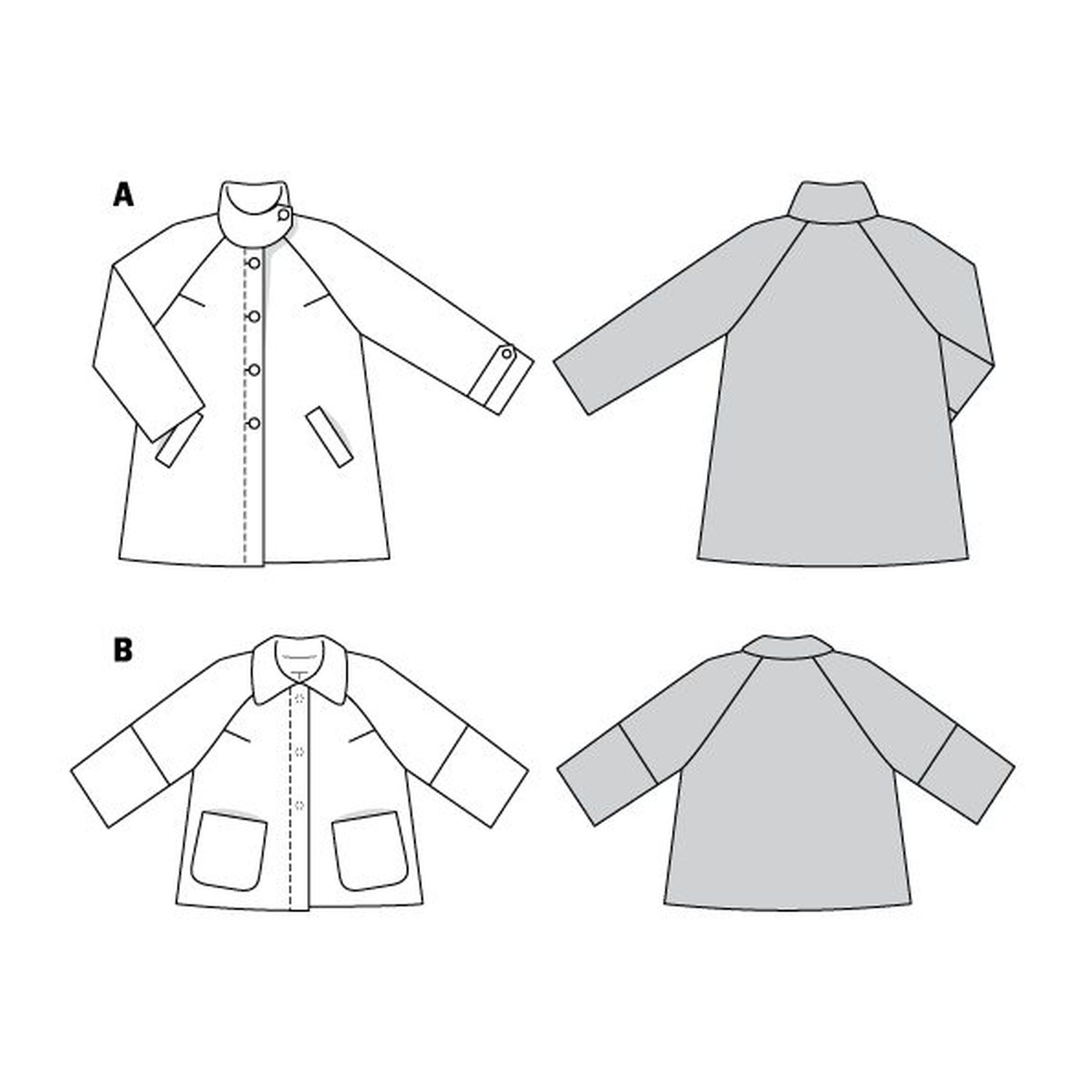 burda style Schnittmuster 6372: Kurzmantel und Jacke mit Raglanärmeln, Technische Zeichnung