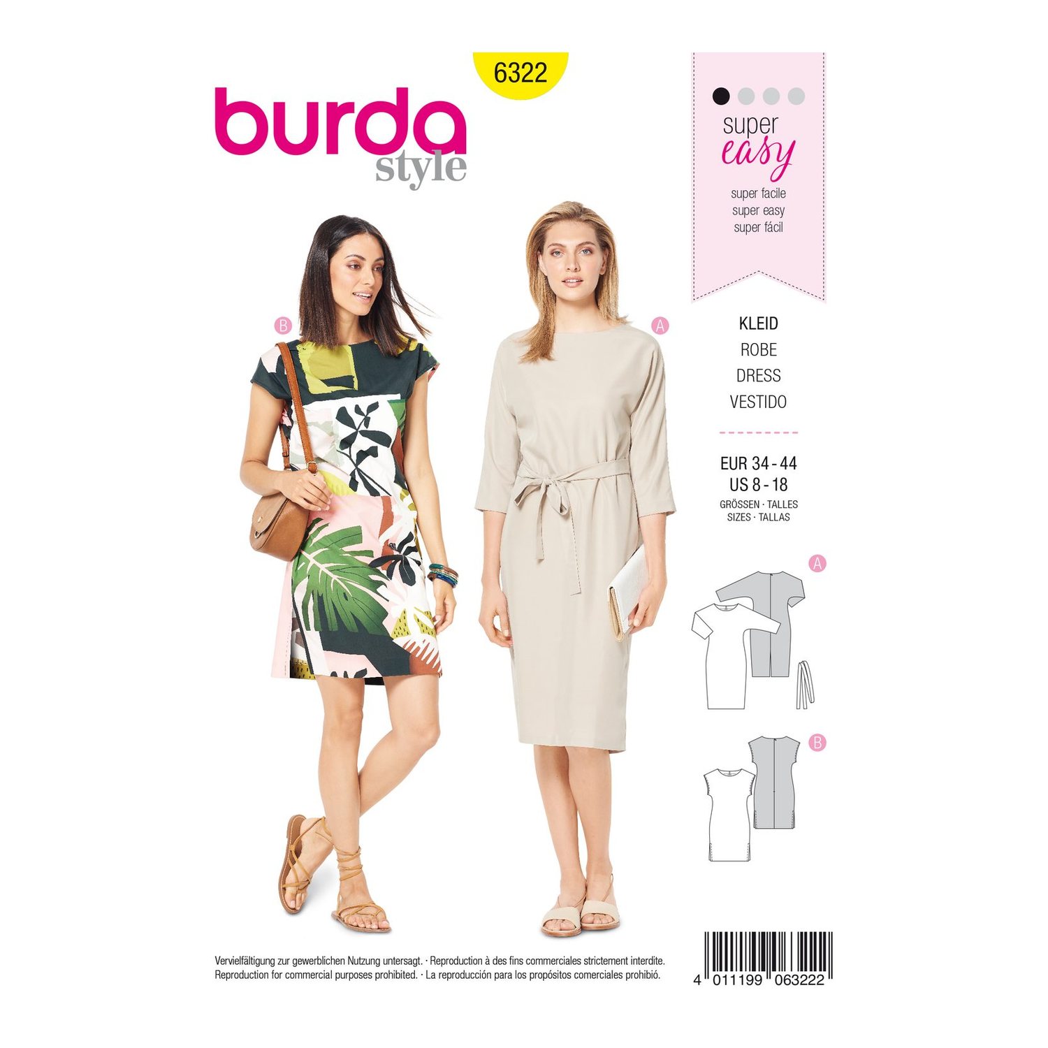 burda style Schnittmuster 6322: Tunikakleid und Hängerkleid, Vorderseite der Schnittmustertüte