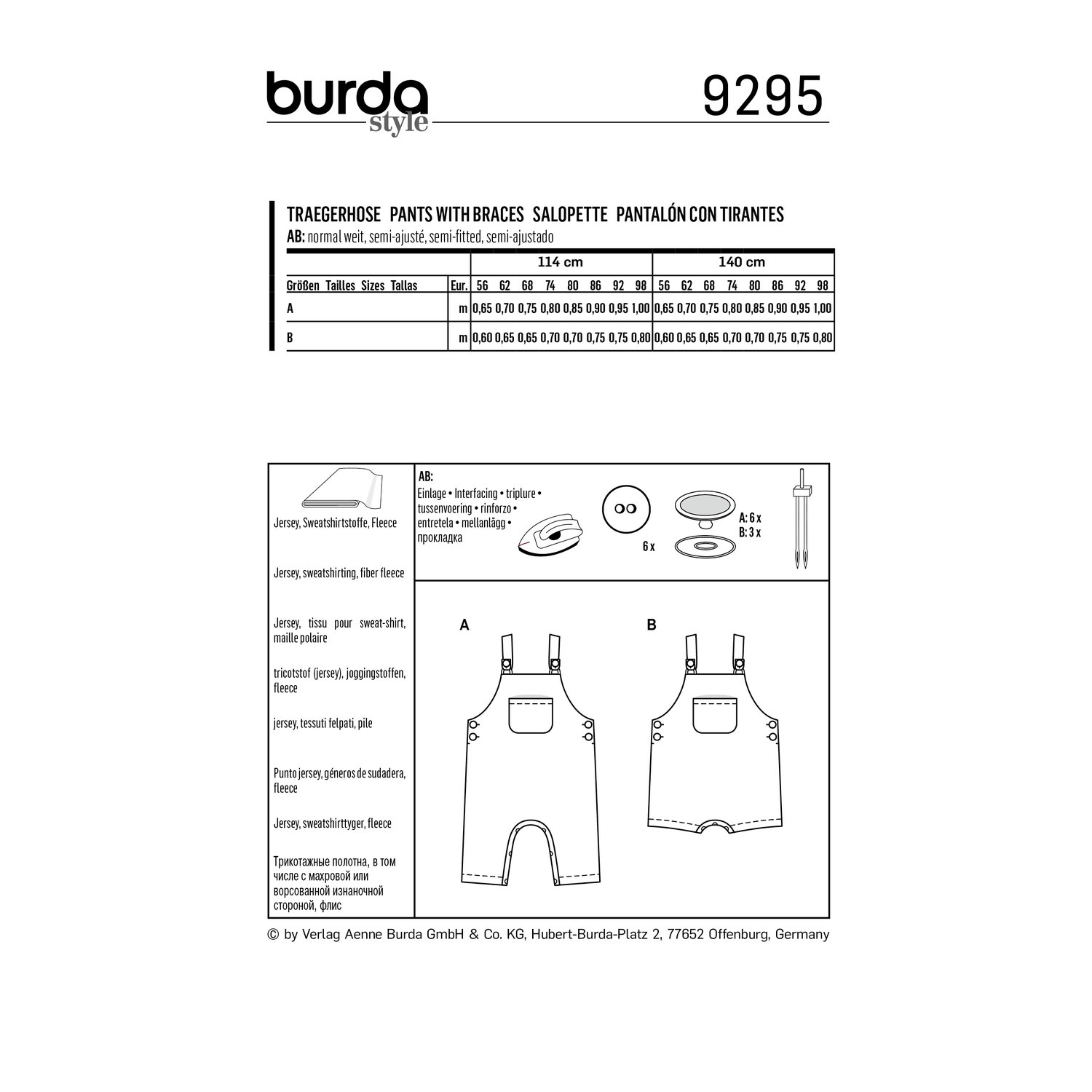 burda style Schnittmuster 9295: Latzhose mit Knopfträgern, Rückseite der Schnittmustertüte mit Stoffverbrauch
