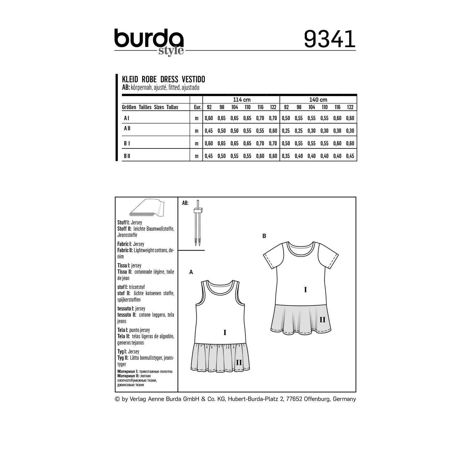 burda style Schnittmuster 9341: Jerseykleid mit Röckchen, Rückseite der Schnittmustertüte mit Stoffverbrauch