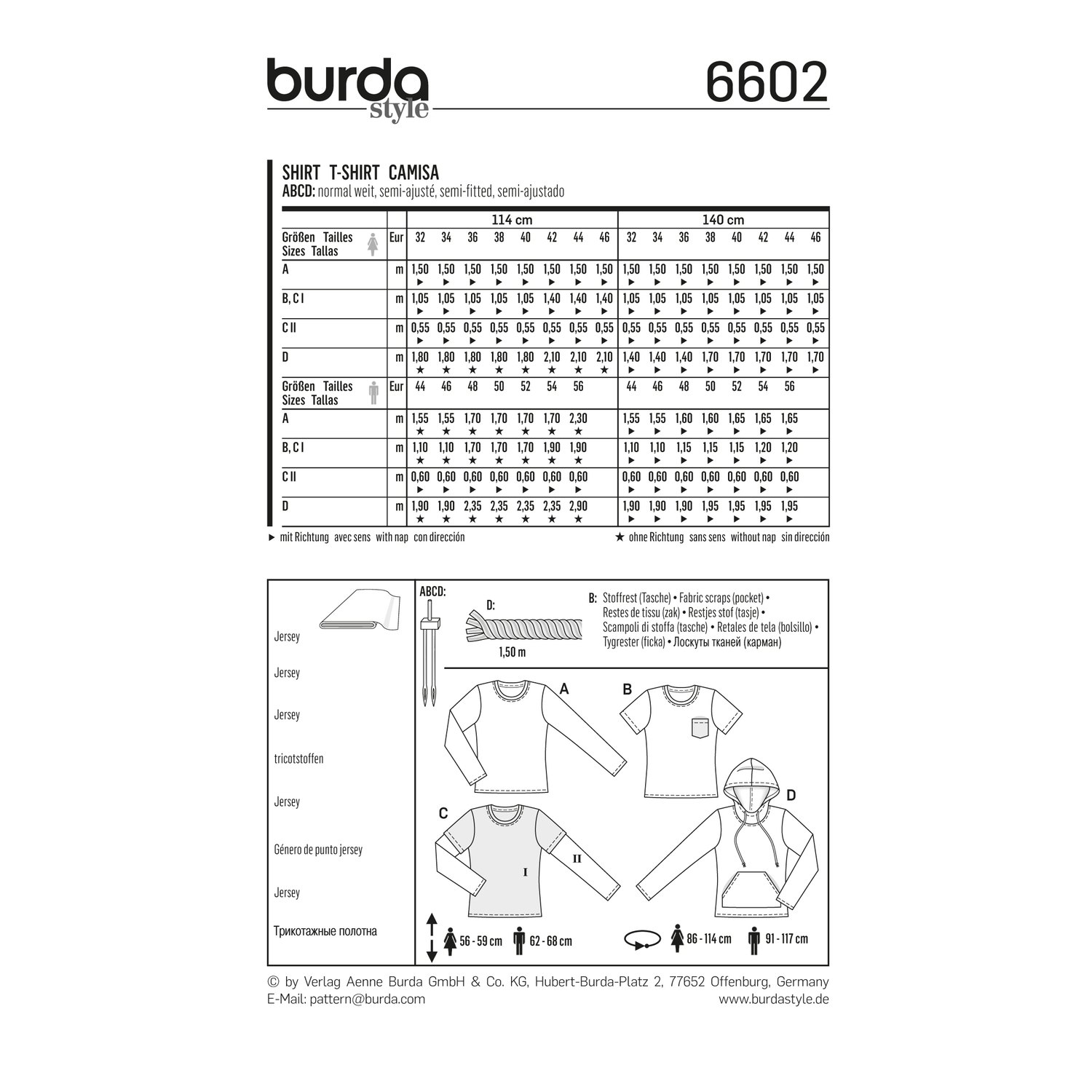burda style Schnittmuster 6602: Basic-Shirt für Damen und Herren, Rückseite der Schnittmustertüte mit Stoffverbrauch