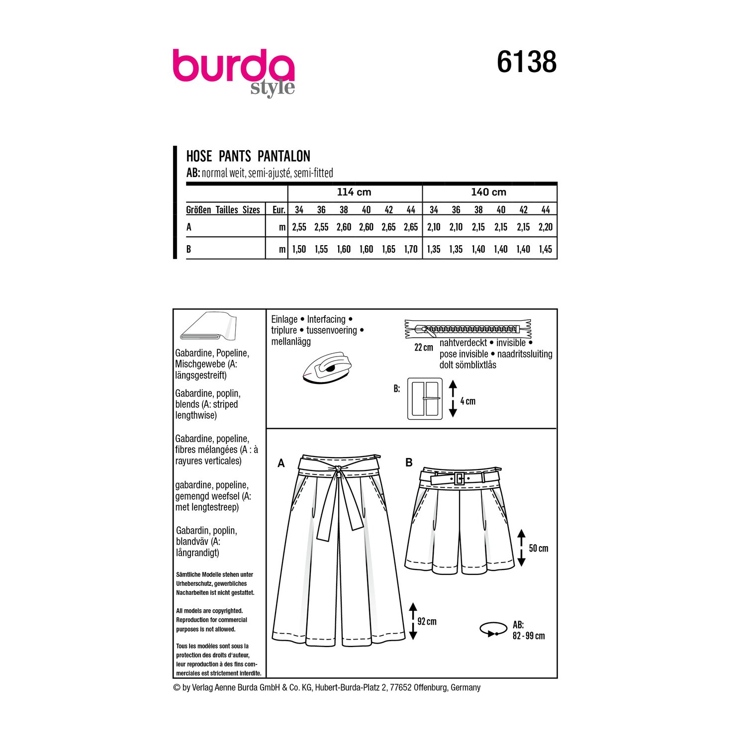 burda style Schnittmuster 6138: High-Waist-Culotte und Shorts, Rückseite der Schnittmustertüte mit Stoffverbrauch