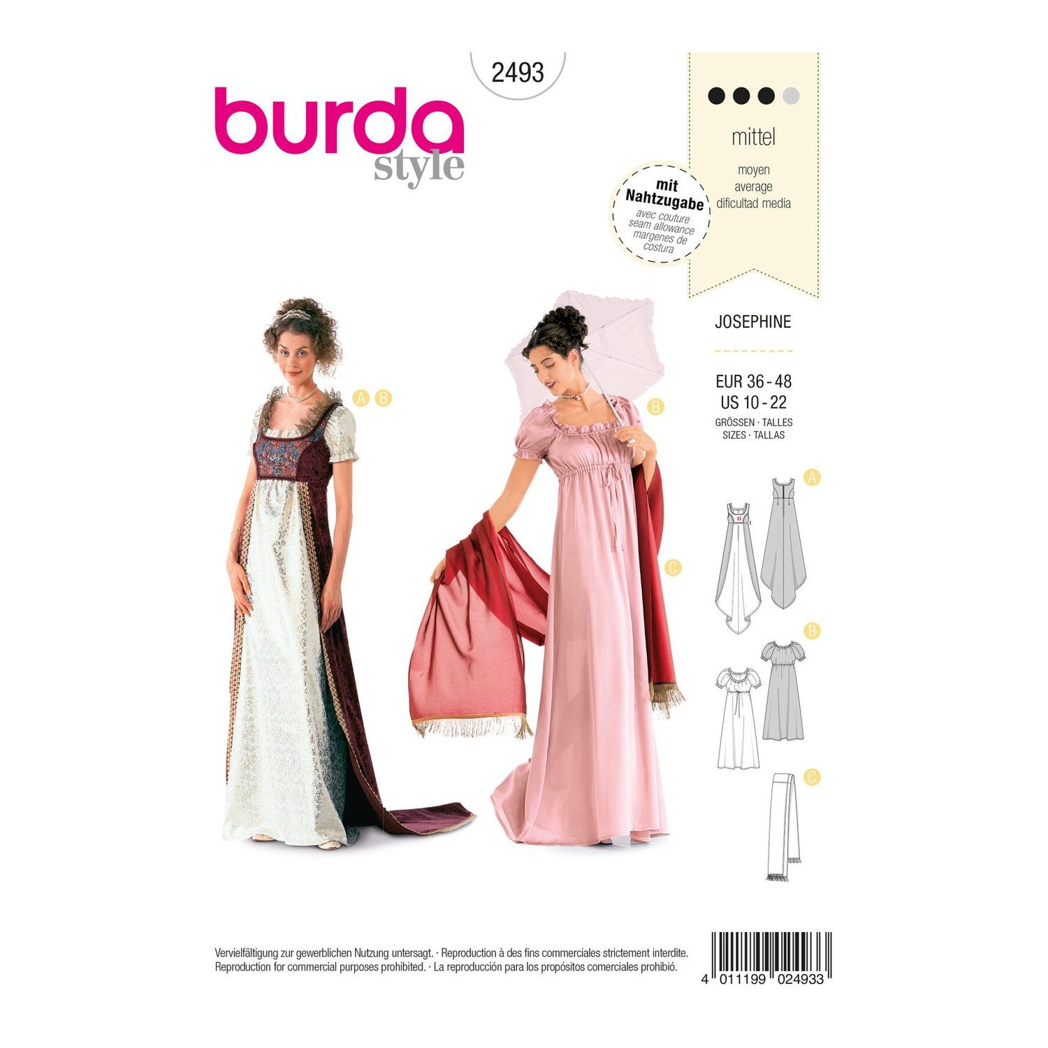 burda style Schnittmuster 2493: Empire-Kleid Josephine, Vorderseite der Schnittmustertüte