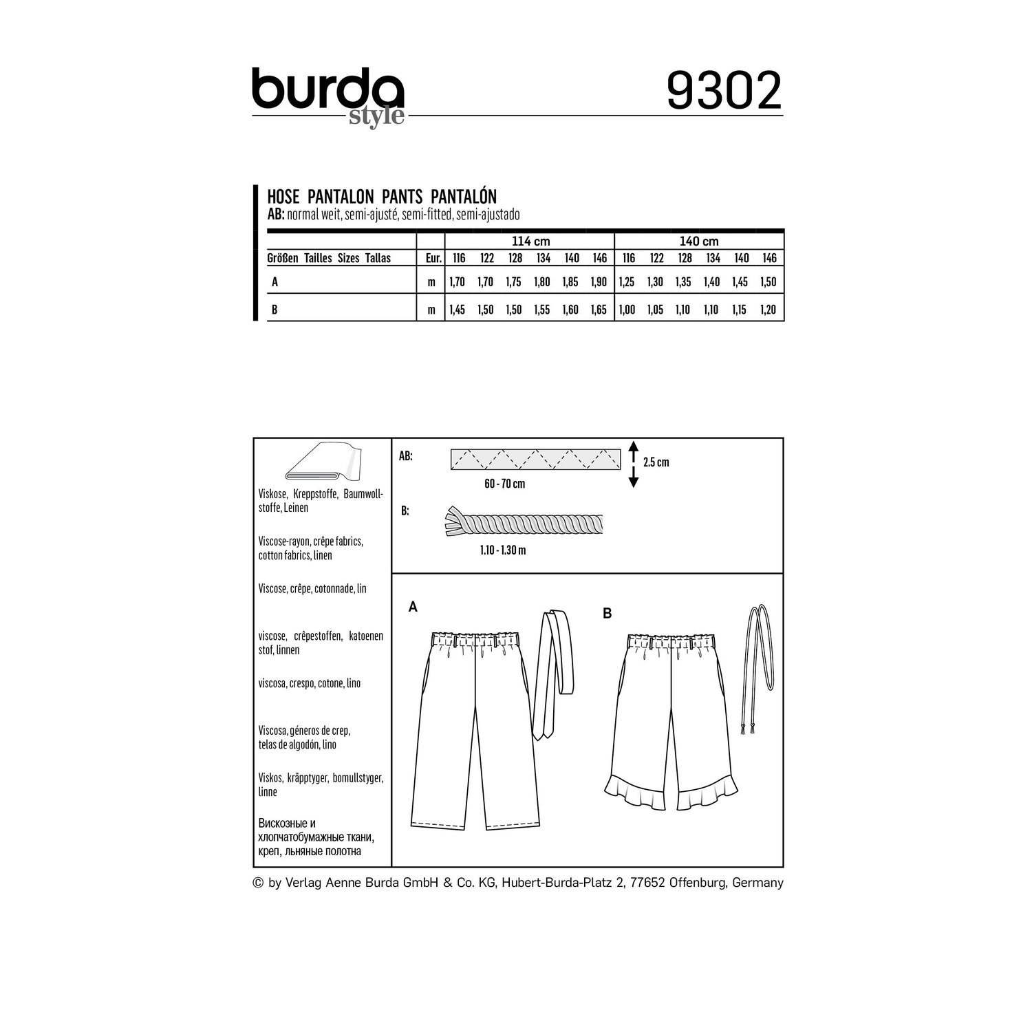 burda style Schnittmuster 9302: Culottes für Mädchen, Rückseite der Schnittmustertüte mit Stoffverbrauch