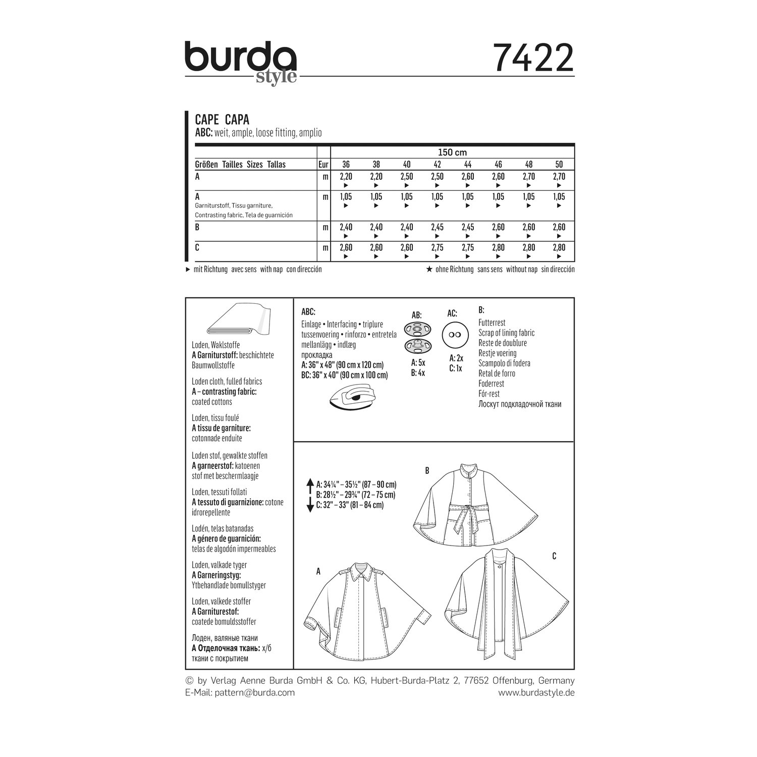burda style Schnittmuster 7422: Cape für Damen, Rückseite der Schnittmustertüte mit Stoffverbrauch