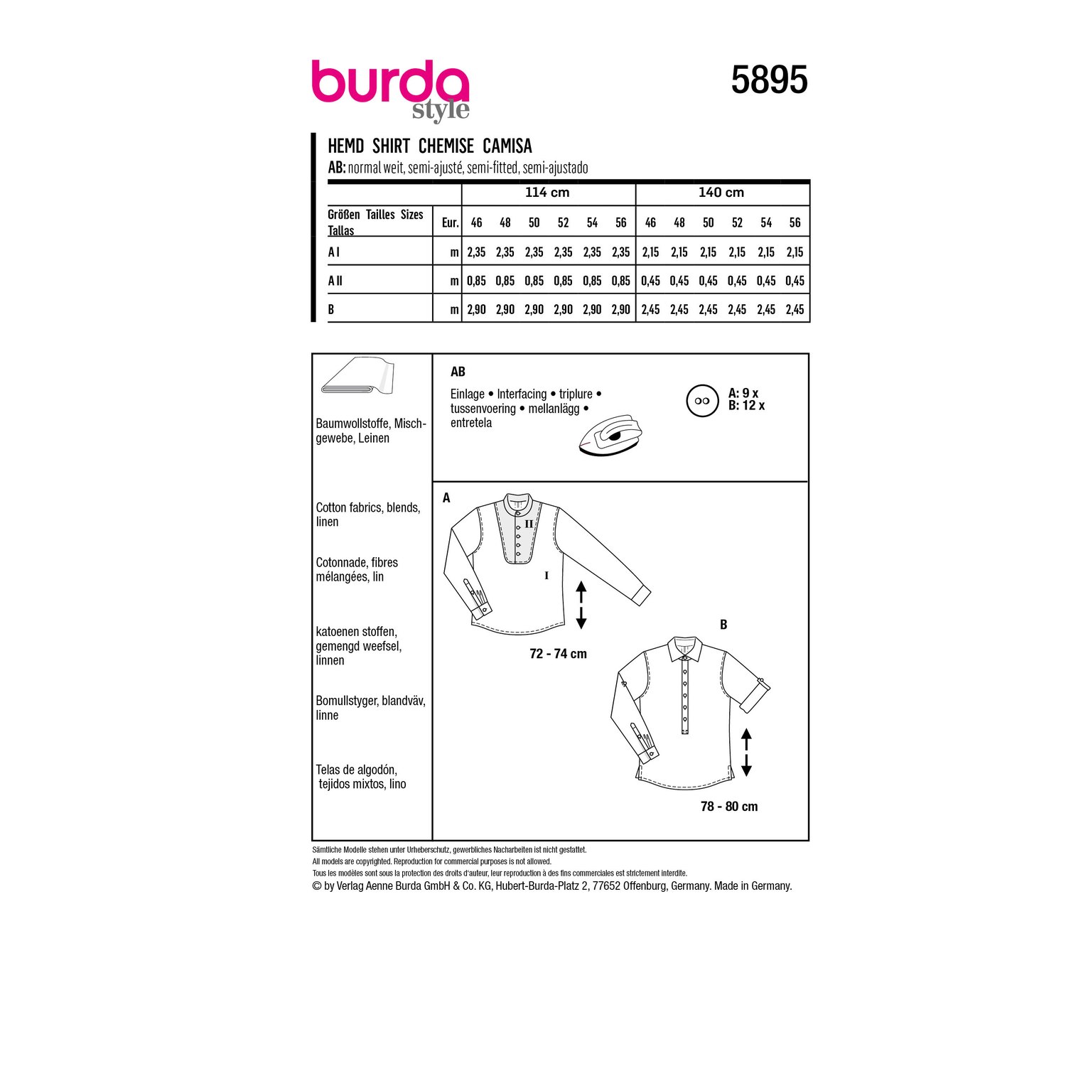 burda style Schnittmuster 5895: Herren-Schlupfhemd mit Kragenvarianten, Rückseite der Schnittmustertüte mit Stoffverbrauch