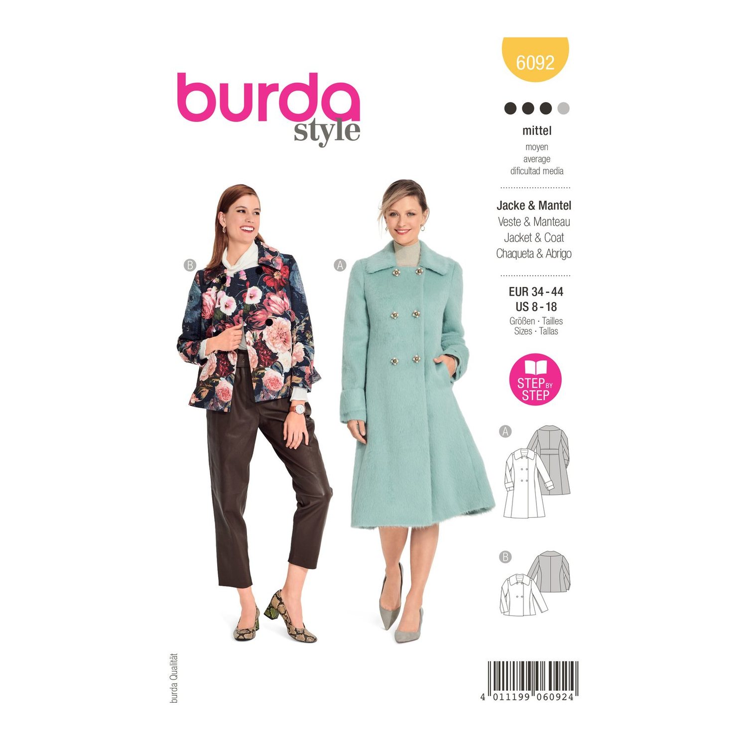 burda style Schnittmuster 6092: Zweireihiger Mantel mit großem Kragen, Modellfoto 1