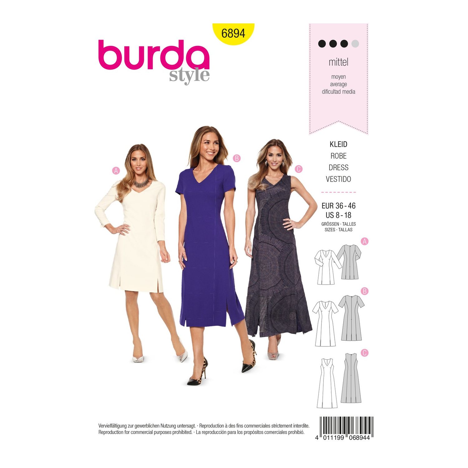 burda style Schnittmuster 6894: Kleid mit Teilungsnähten, Vorderseite der Schnittmustertüte