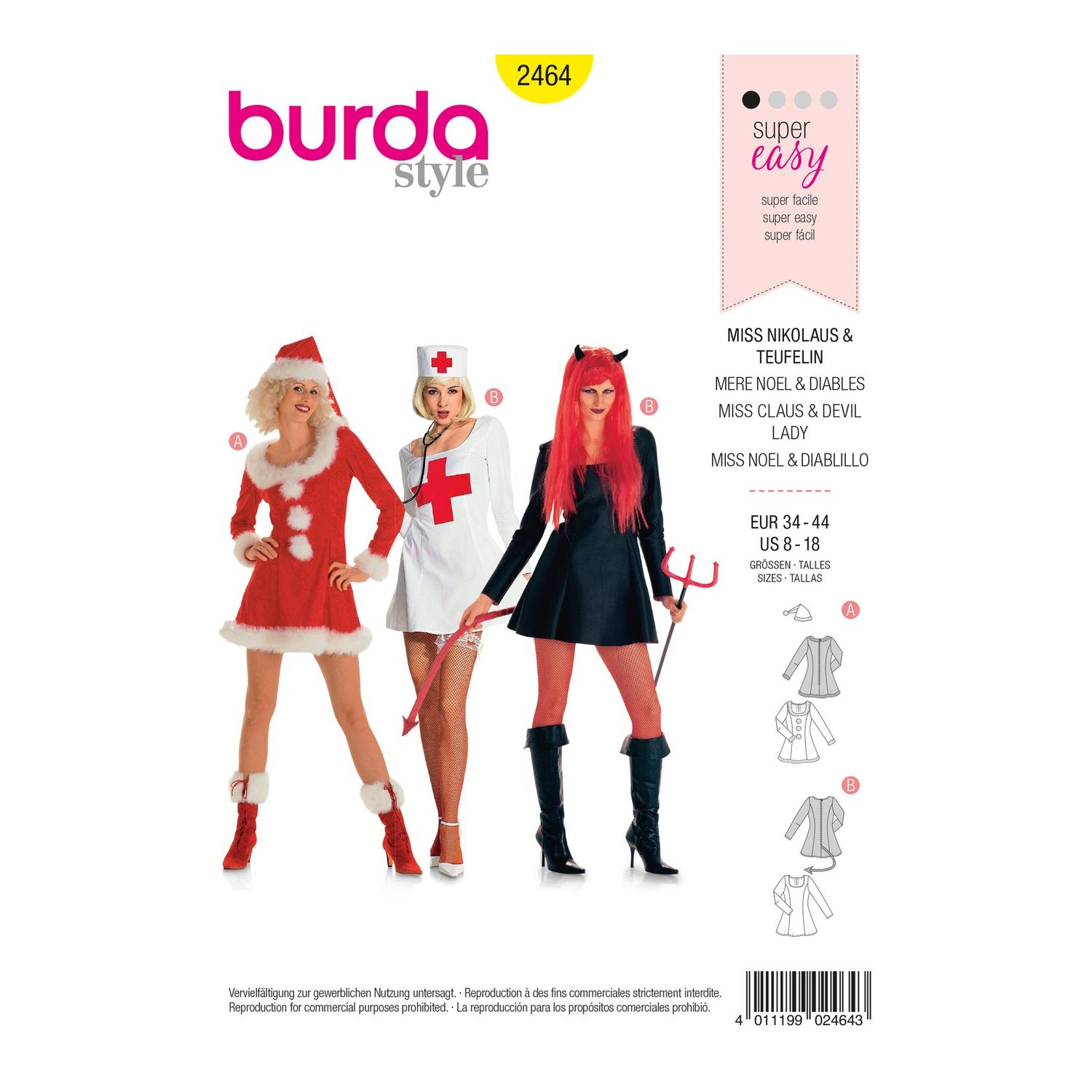 burda style Schnittmuster 2464: Kostümkleider Nikolaus und Teufelin, Vorderseite der Schnittmustertüte