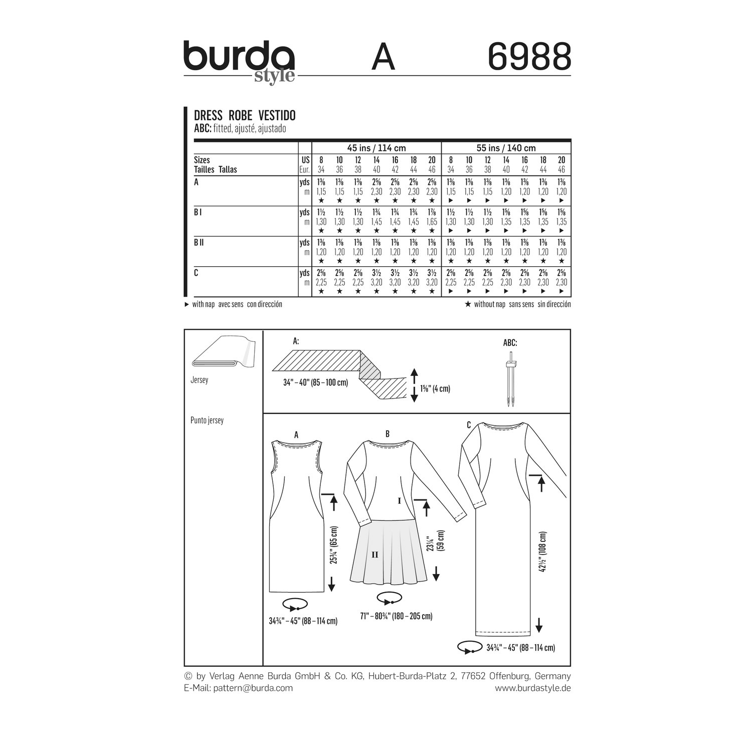 burda style Schnittmuster 6988: Jerseykleid mit U-Boot-Ausschnitt, Rückseite der Schnittmustertüte mit Stoffverbrauch