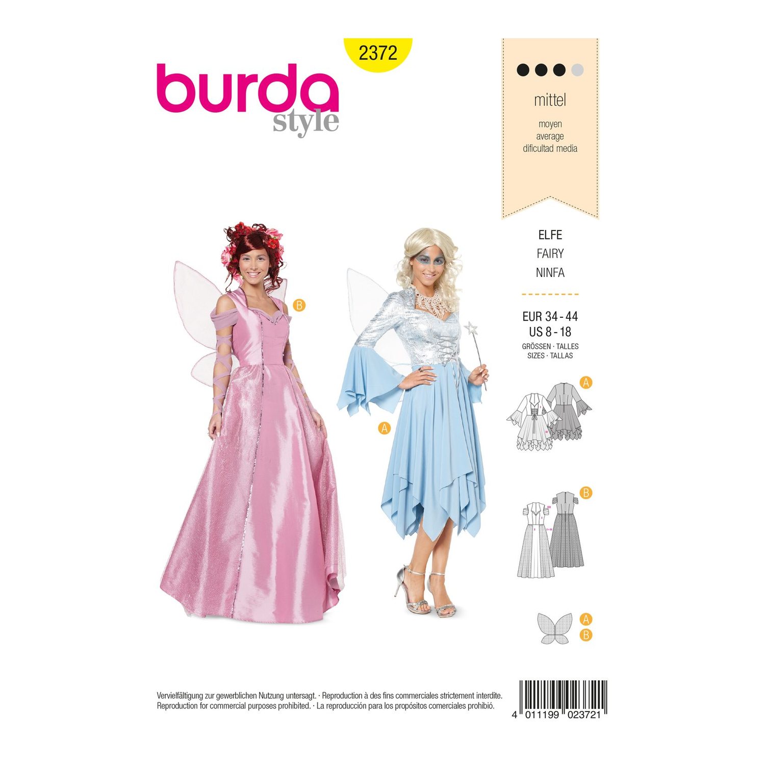 burda style Schnittmuster 2372: Elfenkostüm für Damen, Vorderseite der Schnittmustertüte