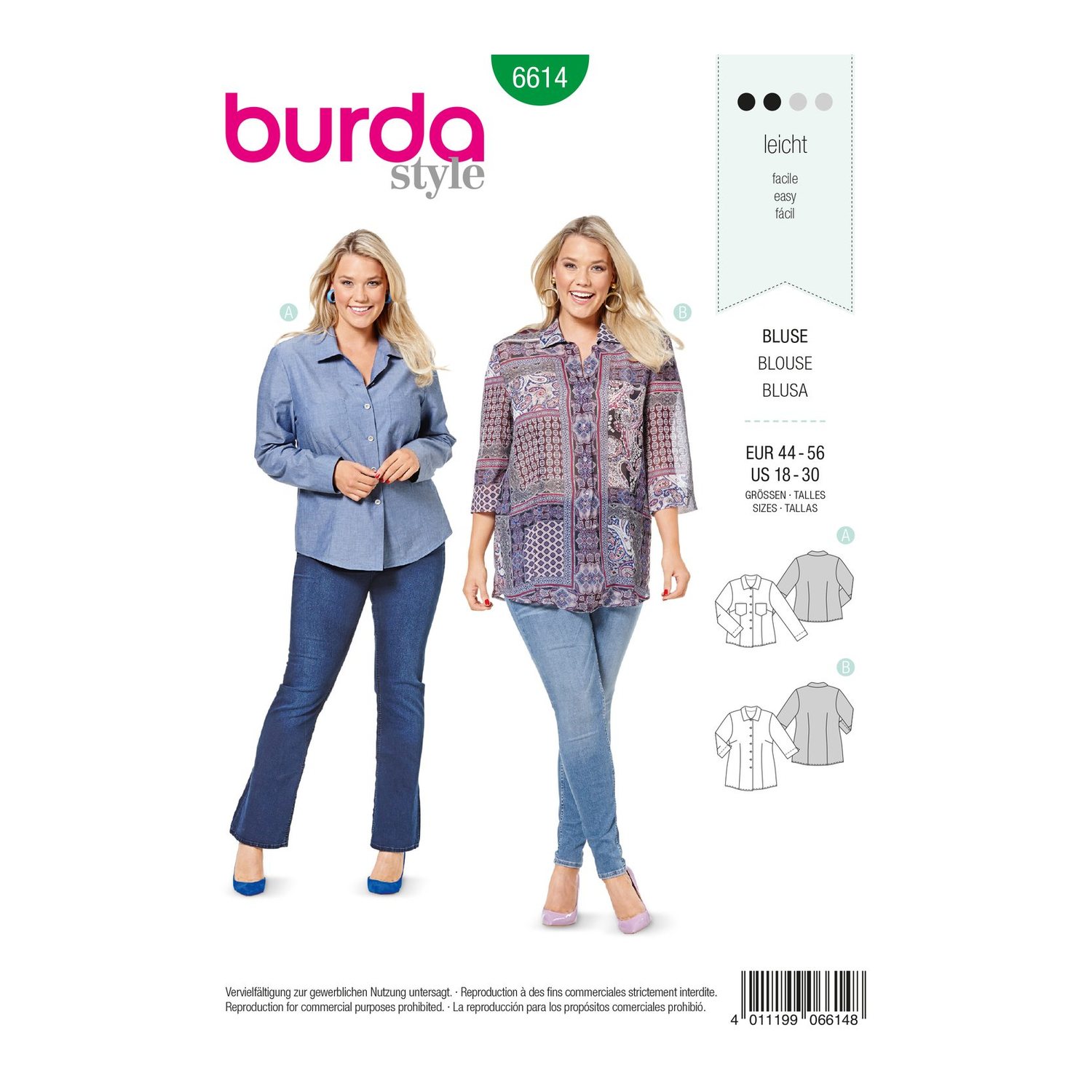 burda style Schnittmuster 6614: Bluse mit Auslegekragen, Vorderseite der Schnittmustertüte
