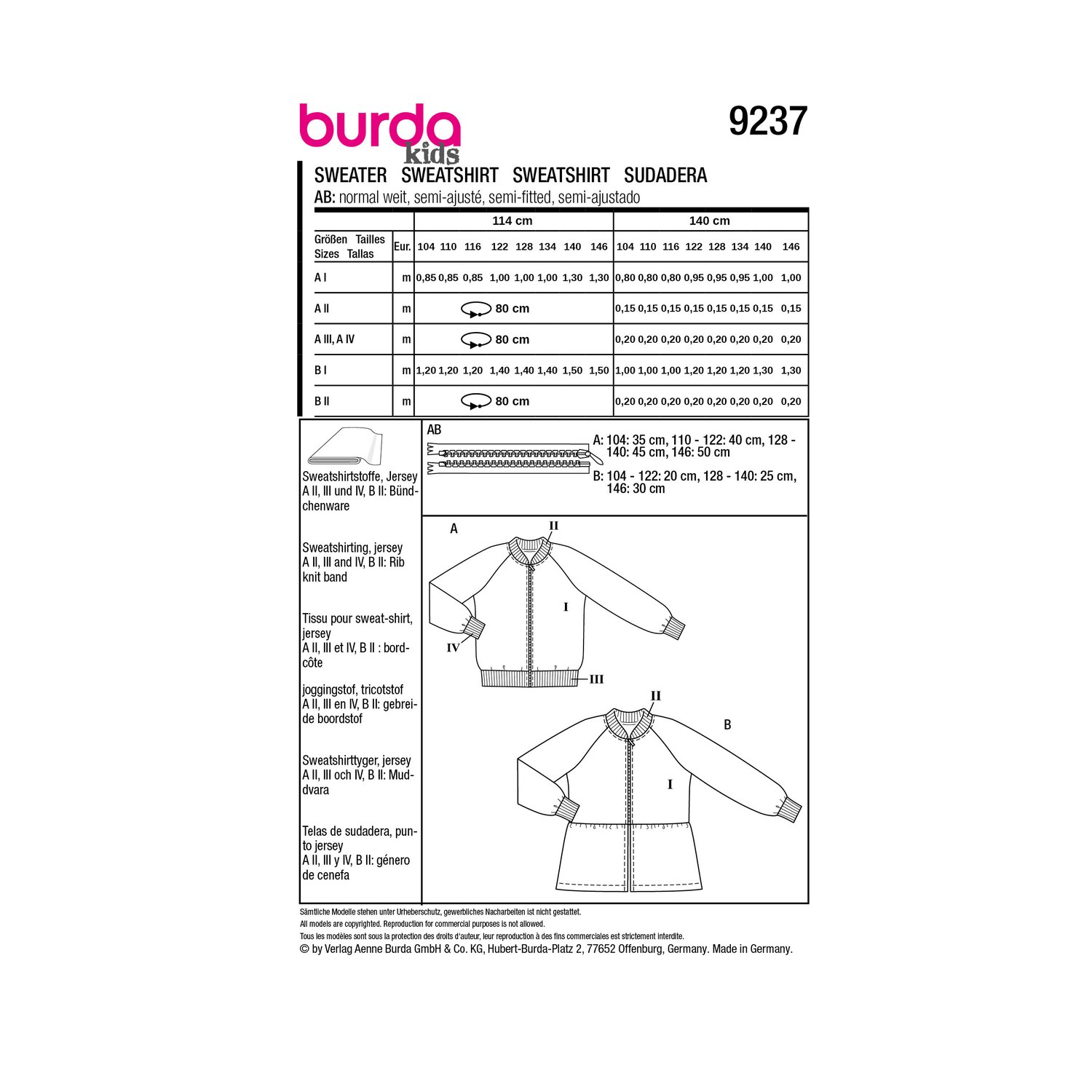 burda style Schnittmuster 9237: Sweatblouson mit Raglanärmeln, Rückseite der Schnittmustertüte mit Stoffverbrauch
