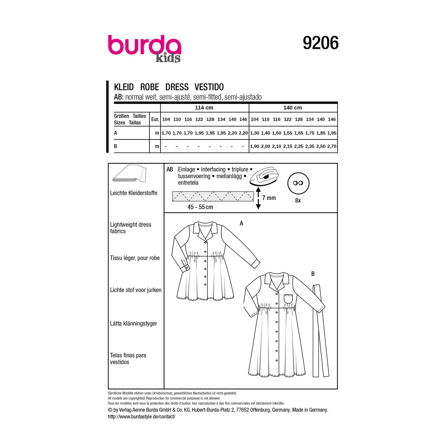 burda style Schnittmuster 9206: Maxikleid und Hemdblusenkleid, Rückseite der Schnittmustertüte mit Stoffverbrauch