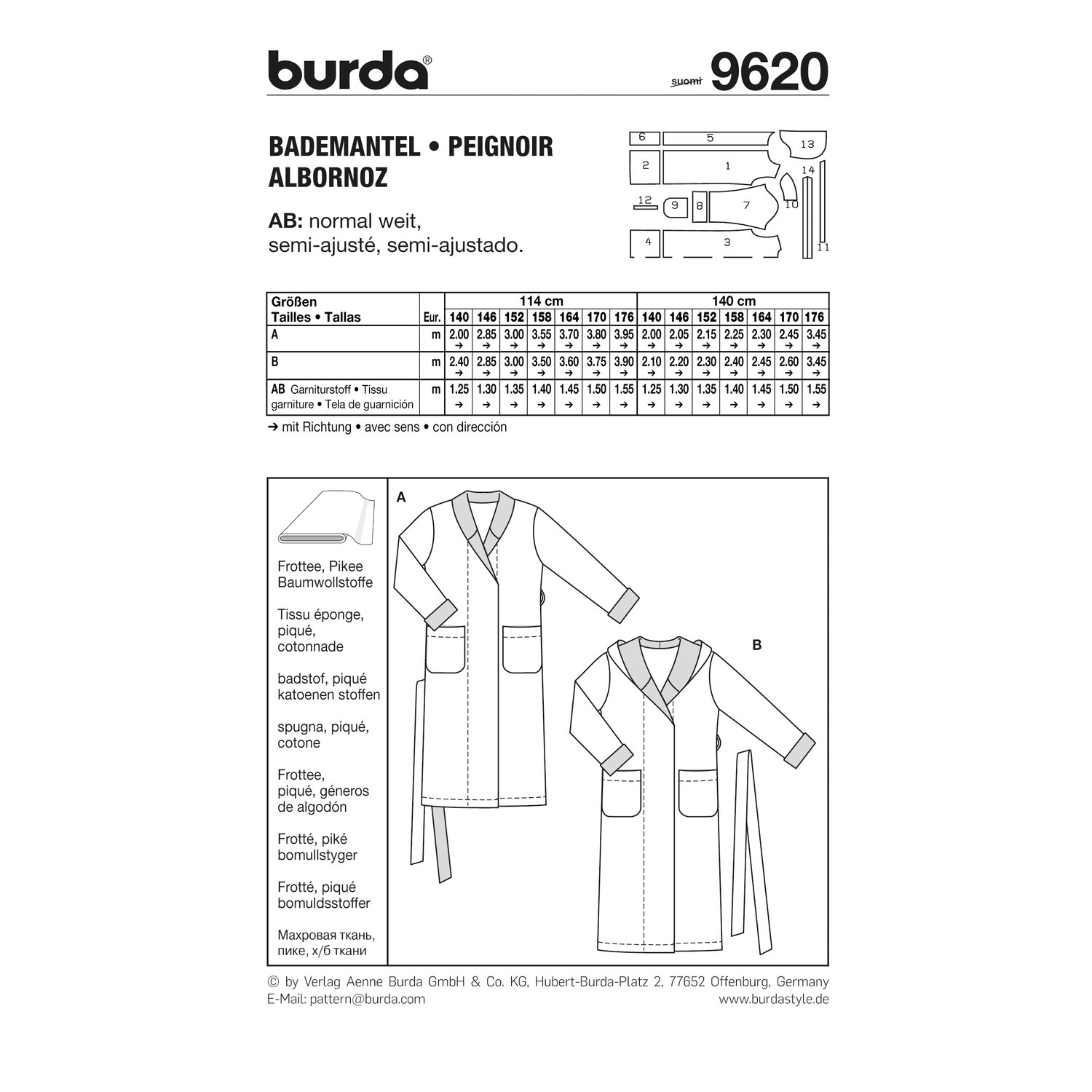 burda style Schnittmuster 9620: Bademantel für Teens, Rückseite der Schnittmustertüte mit Stoffverbrauch