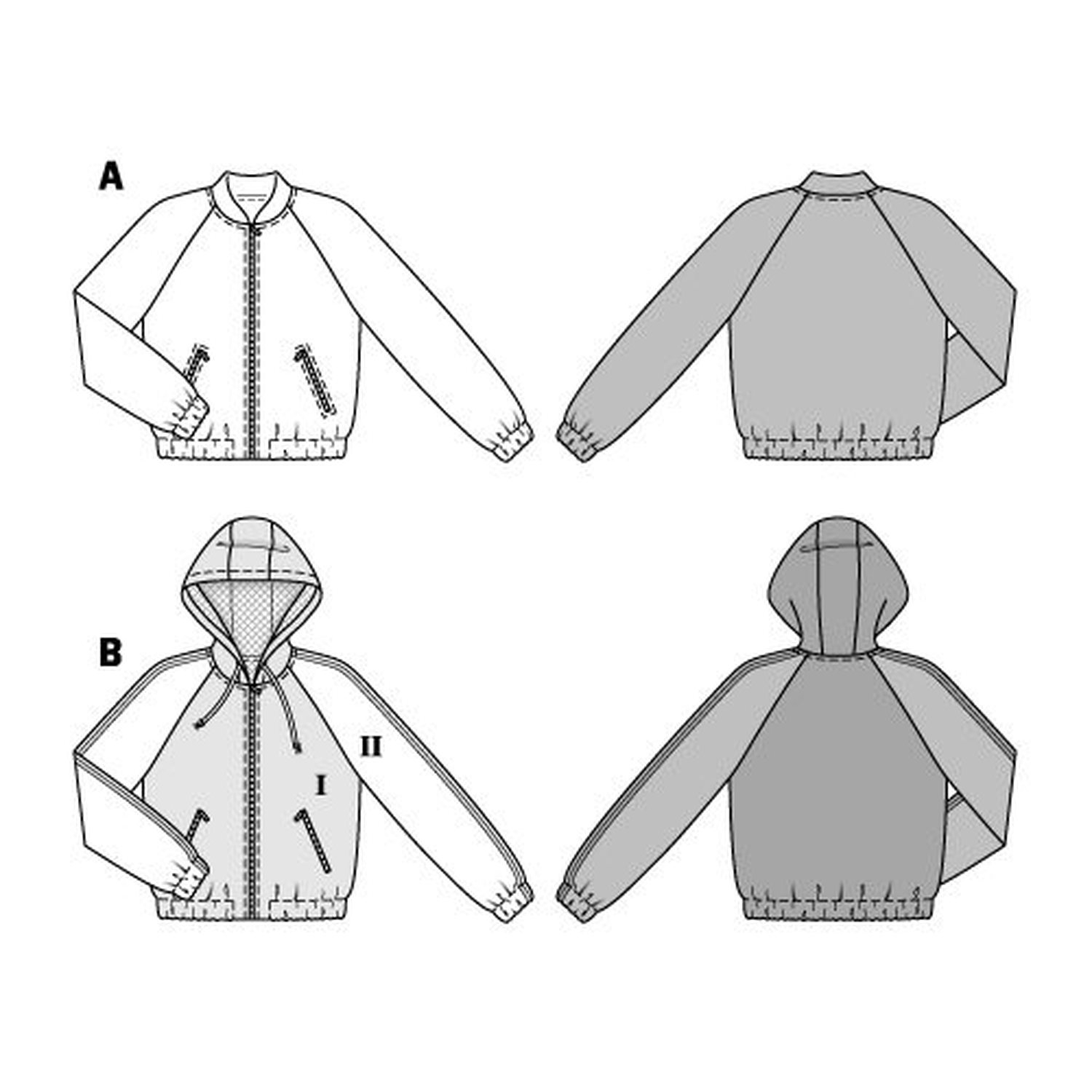 burda style Schnittmuster 6478: Blouson mit Stehkragen oder Kapuze, Technische Zeichnung