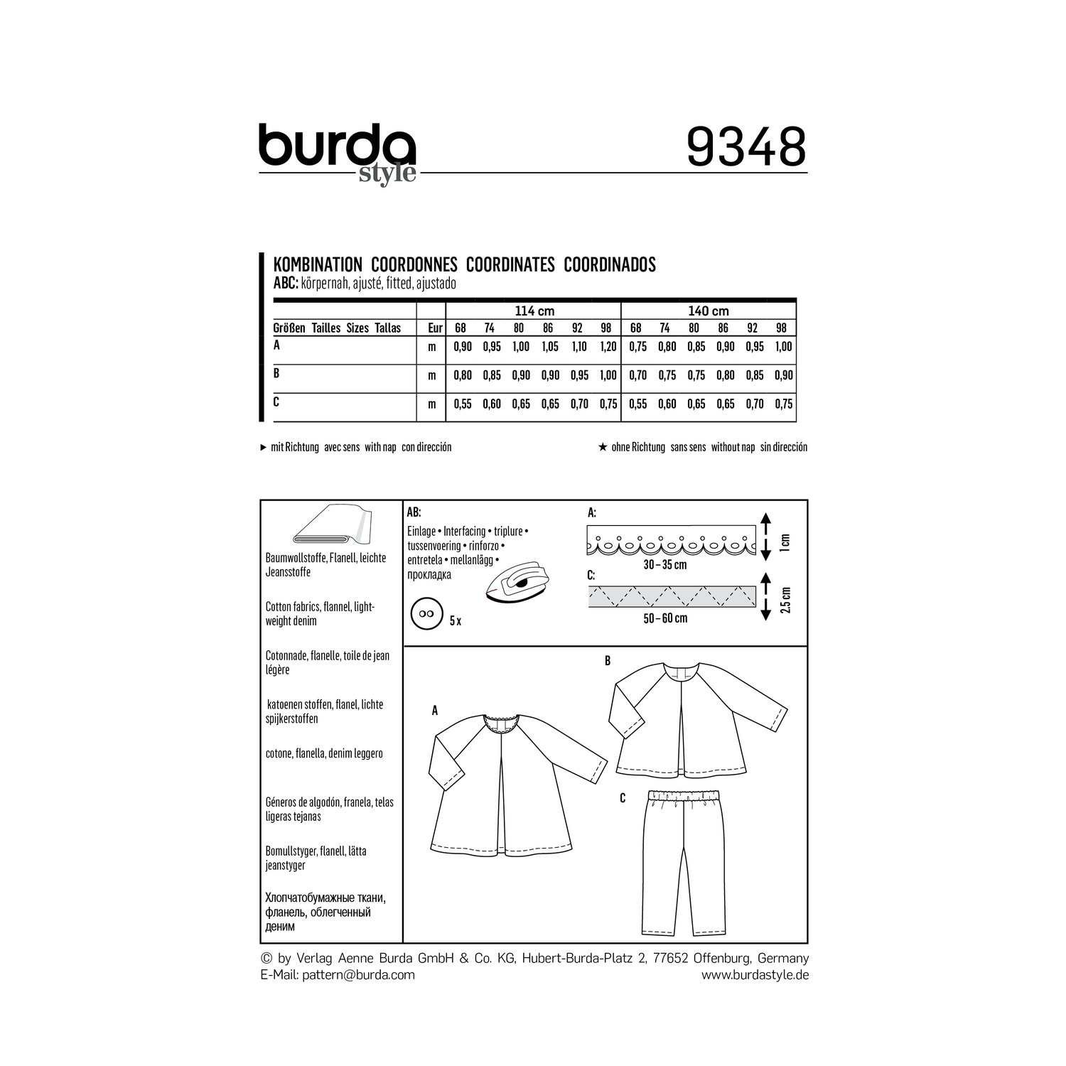 burda style Schnittmuster 9348: Babykleid, Shirt und Hose, Rückseite der Schnittmustertüte mit Stoffverbrauch