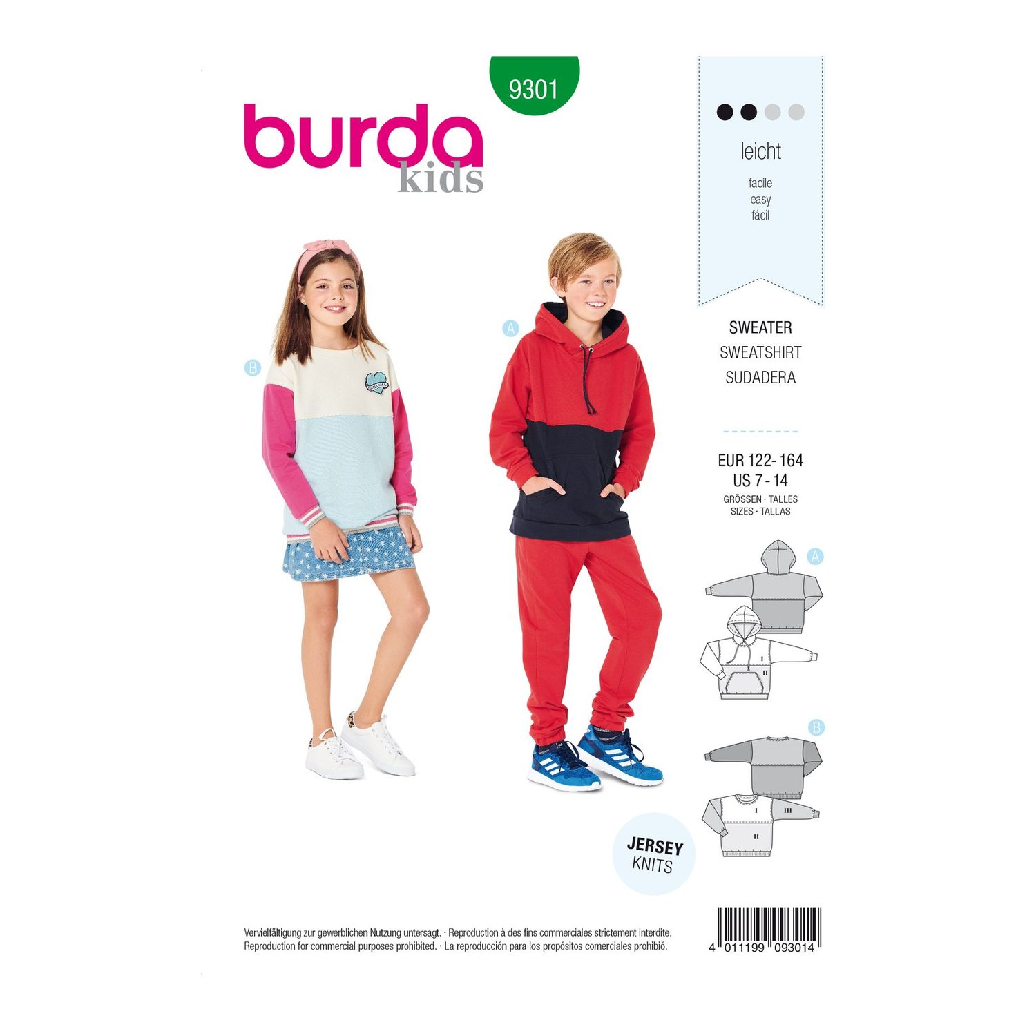 burda style Schnittmuster 9301: Zweifarbiger Hoodie, Vorderseite der Schnittmustertüte