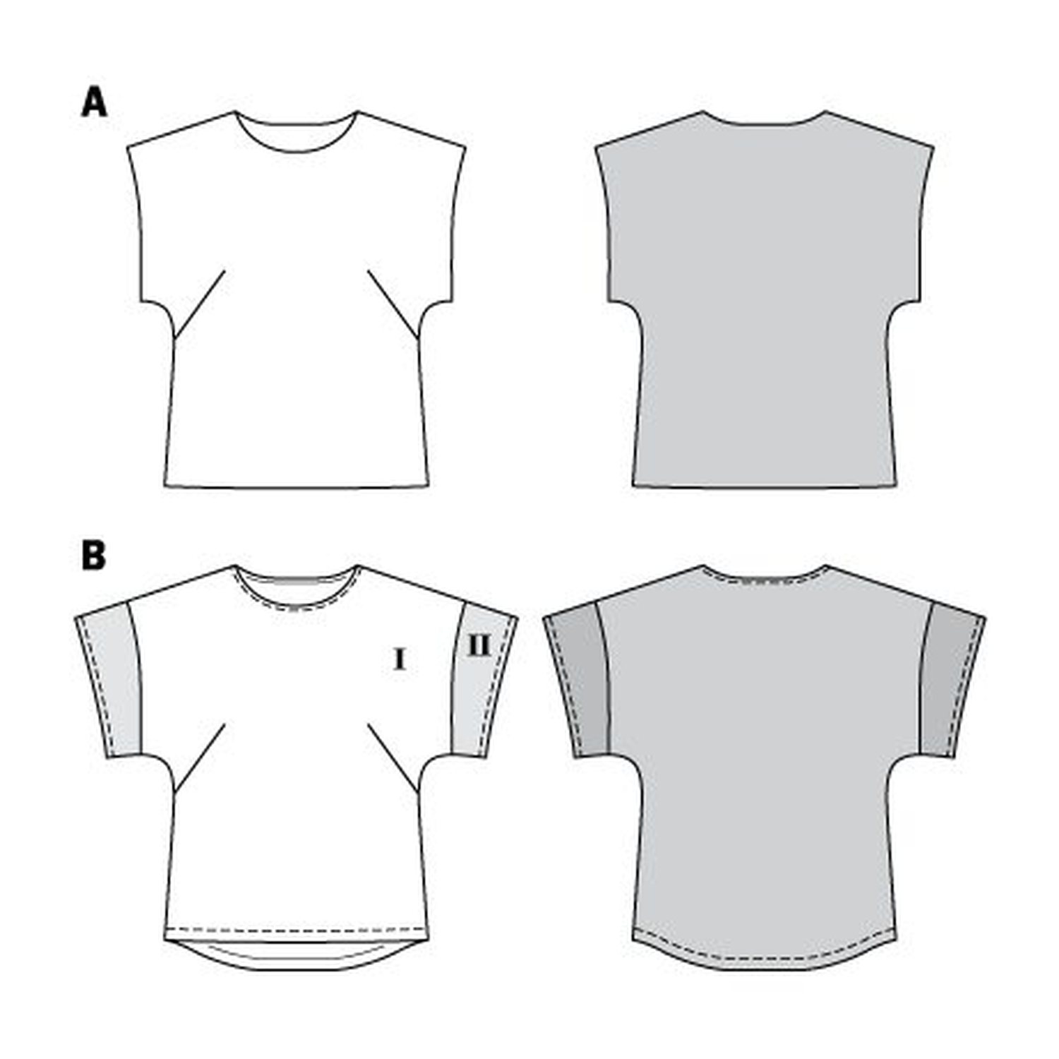 burda style Schnittmuster 6445: Lässiges Shirt mit angeschnittenen Ärmeln, Technische Zeichnung