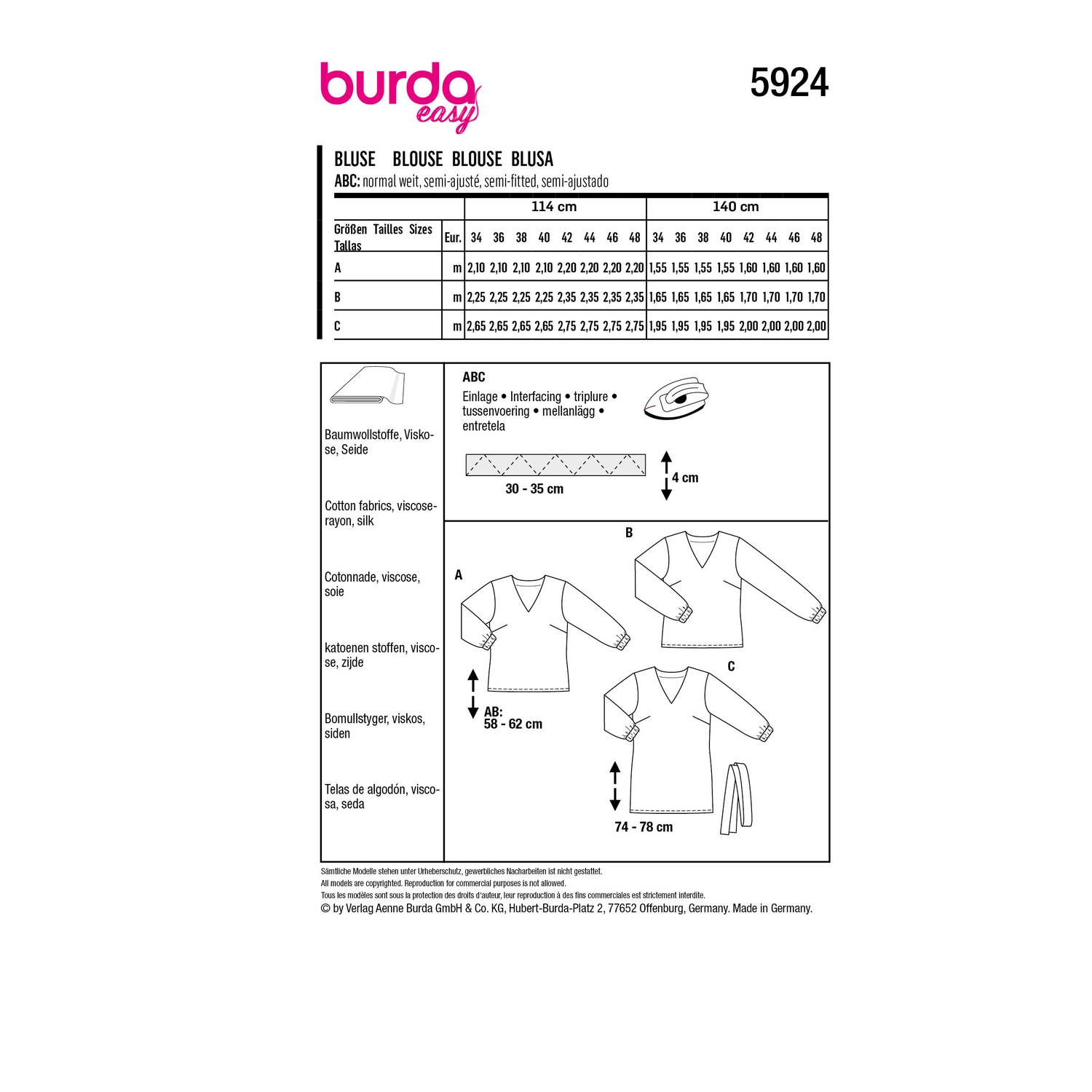burda style Schnittmuster 5924: Bluse mit V-Ausschnitt, Rückseite der Schnittmustertüte mit Stoffverbrauch