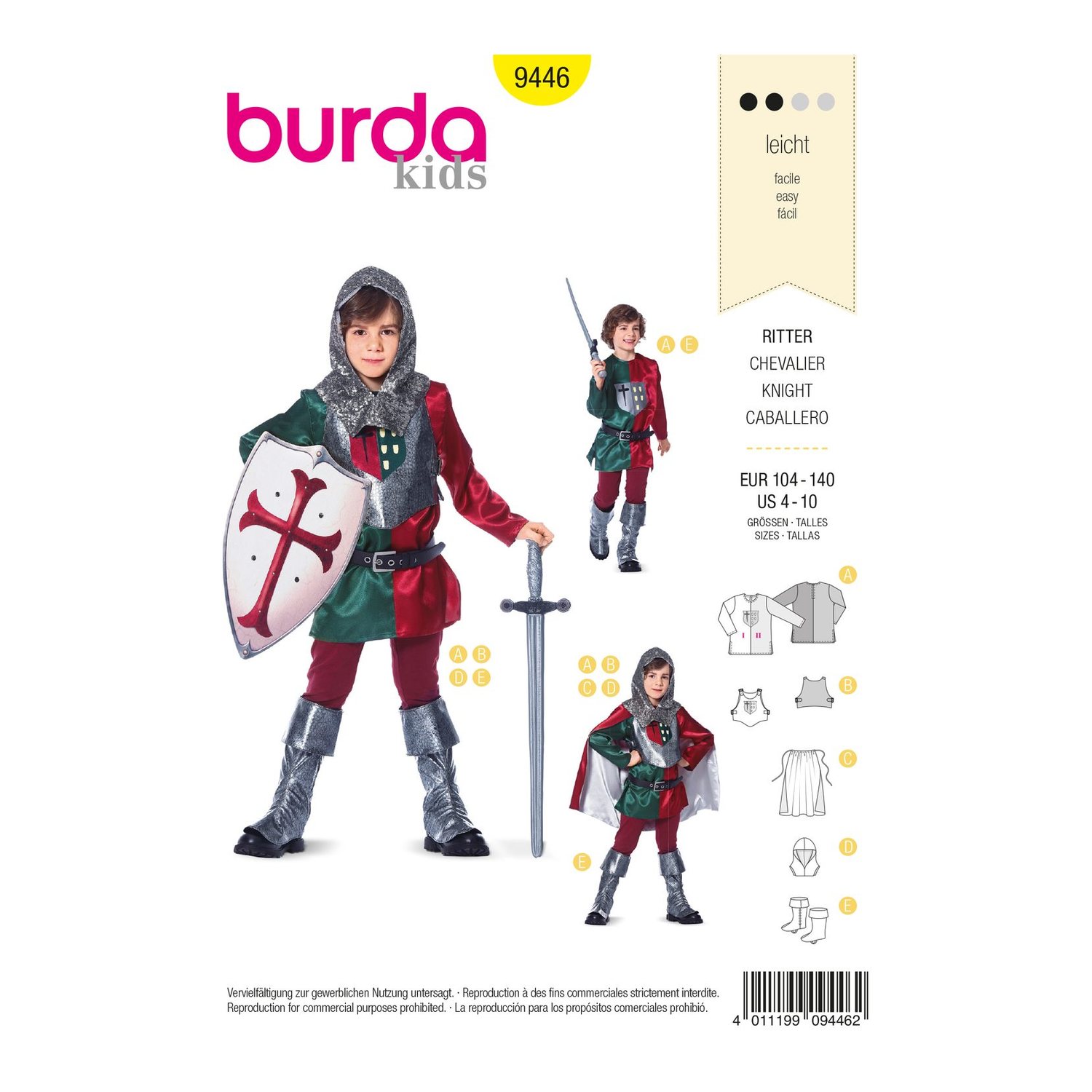 burda style Schnittmuster 9446: Ritterkostüm für Kinder, Vorderseite der Schnittmustertüte