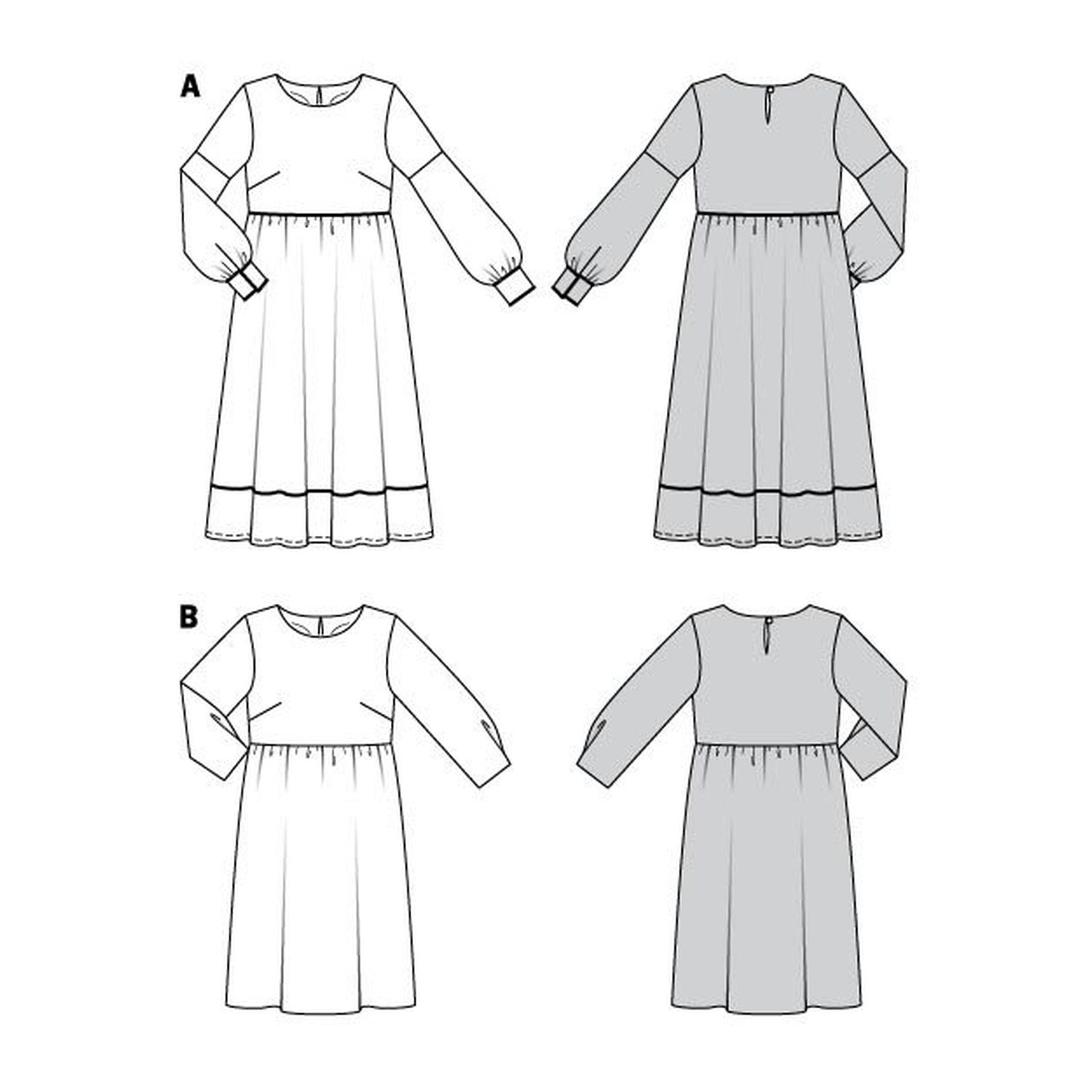 burda style Schnittmuster 5948: Kleid mit hoher Taille, Technische Zeichnung