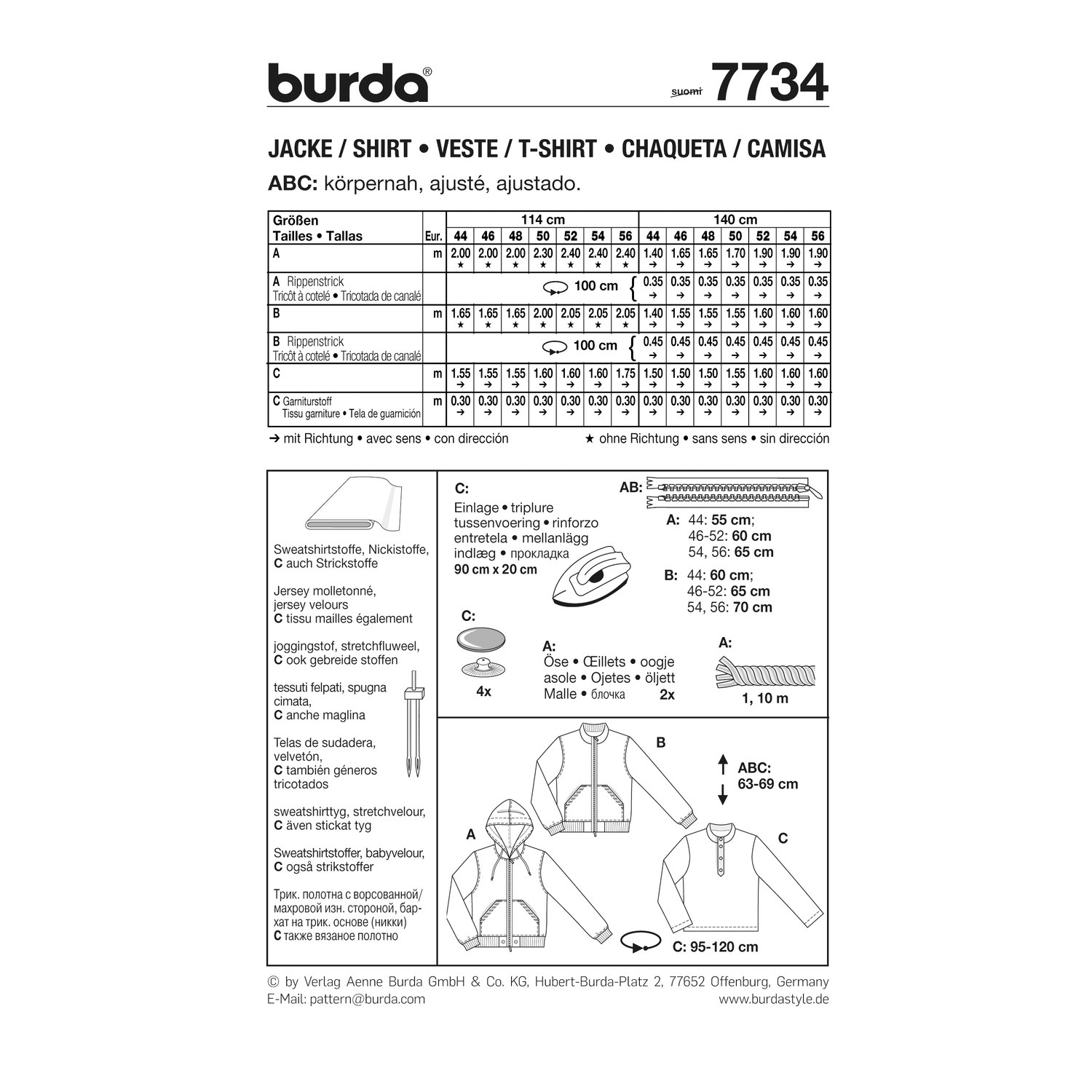 burda style Schnittmuster 7734: Herren-Sweatjacke und Poloshirt, Rückseite der Schnittmustertüte mit Stoffverbrauch