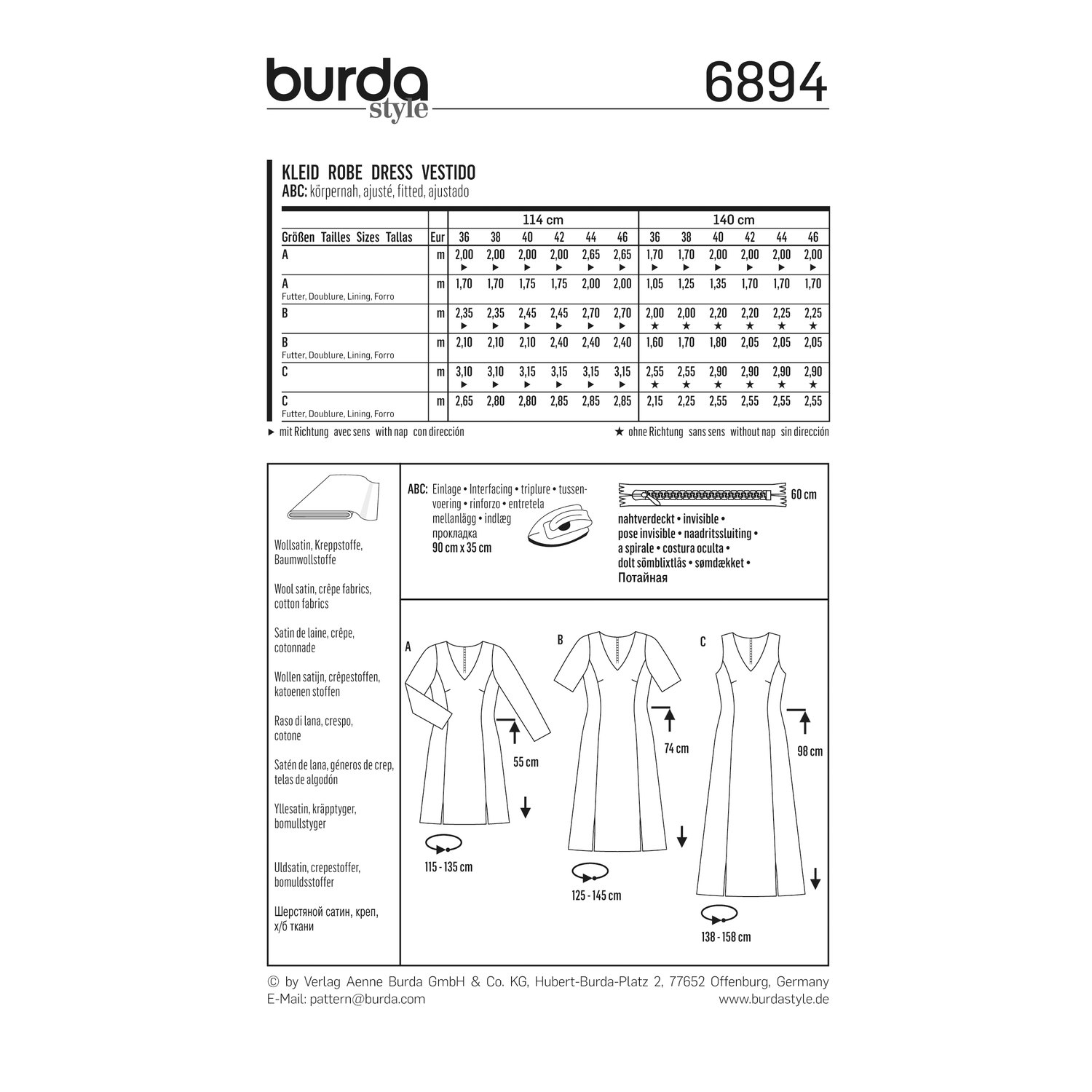 burda style Schnittmuster 6894: Kleid mit Teilungsnähten, Rückseite der Schnittmustertüte mit Stoffverbrauch