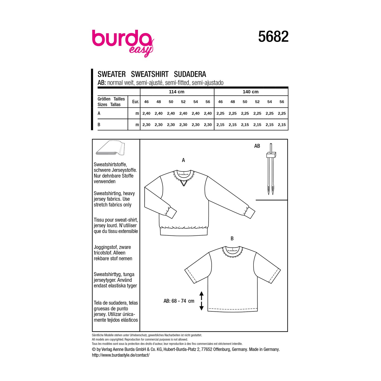 burda style Schnittmuster 5682: Herren-Sweatshirt und T-Shirt, Rückseite der Schnittmustertüte mit Stoffverbrauch