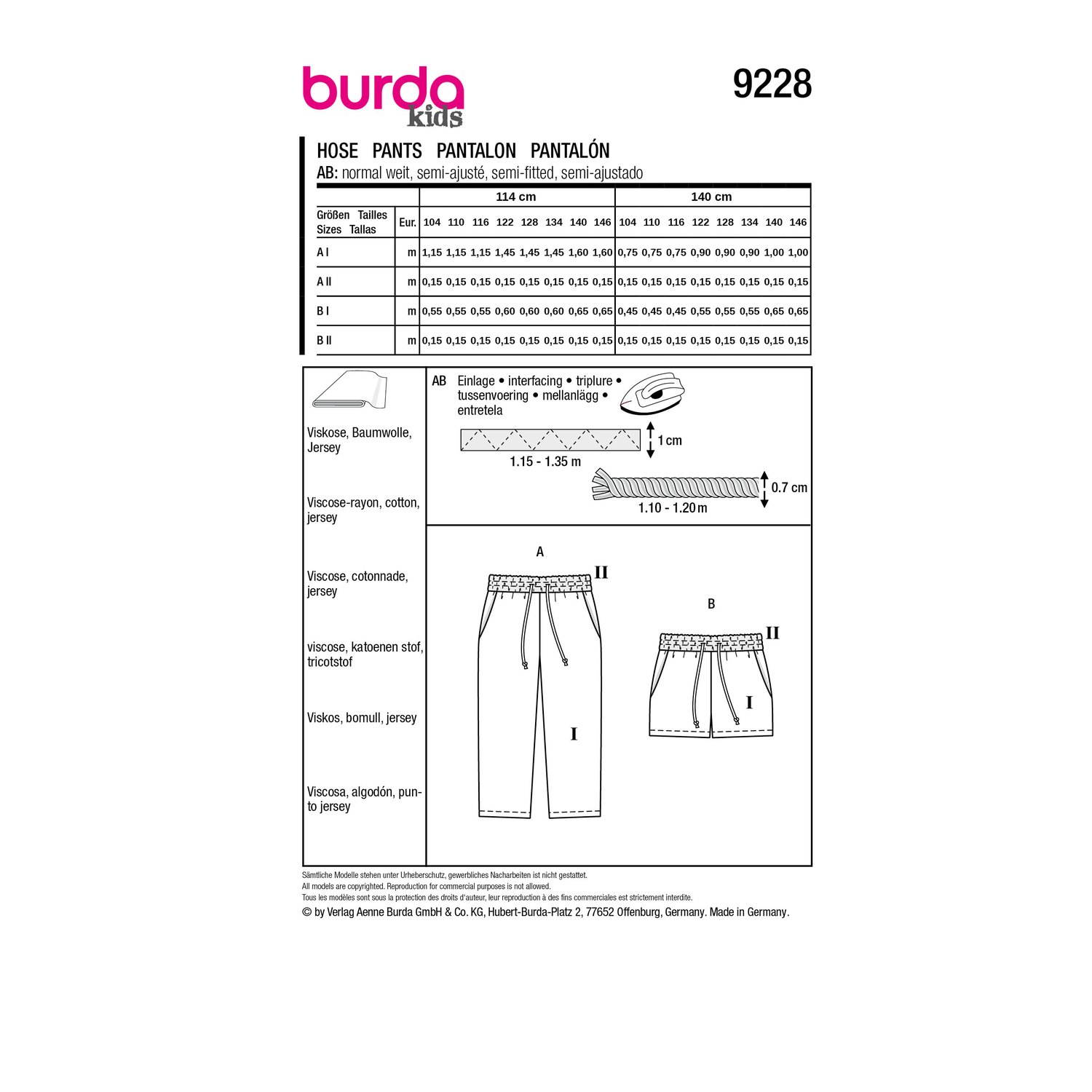burda style Schnittmuster 9228: Hose und Sommershorts, Rückseite der Schnittmustertüte mit Stoffverbrauch