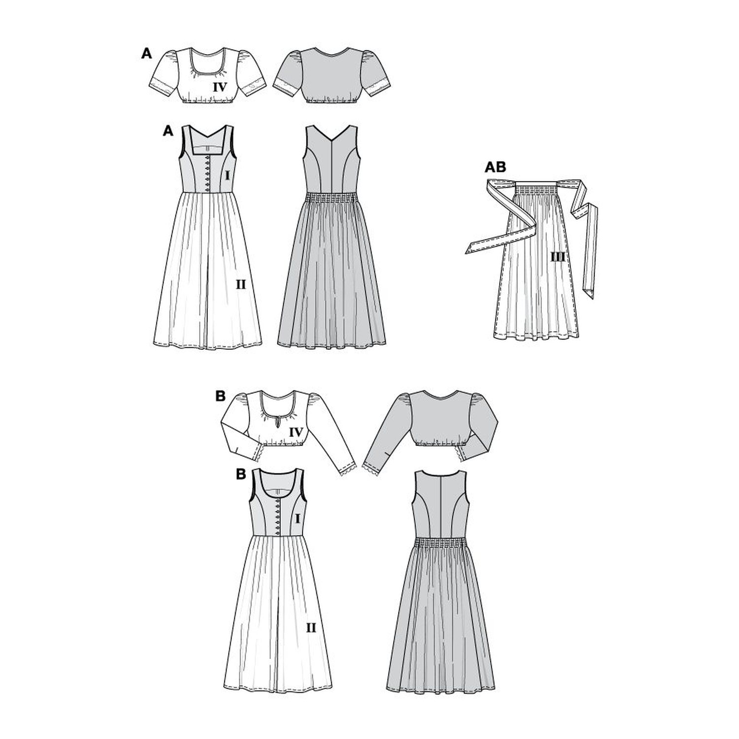 burda style Schnittmuster 8448: Dirndl mit Schürze und Bluse, Technische Zeichnung