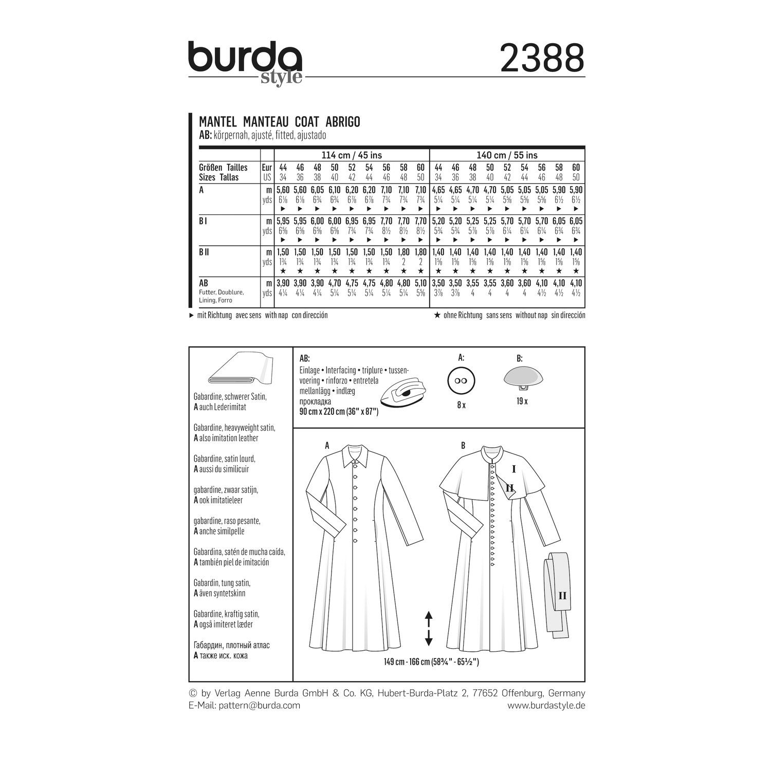 burda style Schnittmuster 2388: Zwei Kostümmäntel mit Knopfverschluss, Rückseite der Schnittmustertüte mit Stoffverbrauch