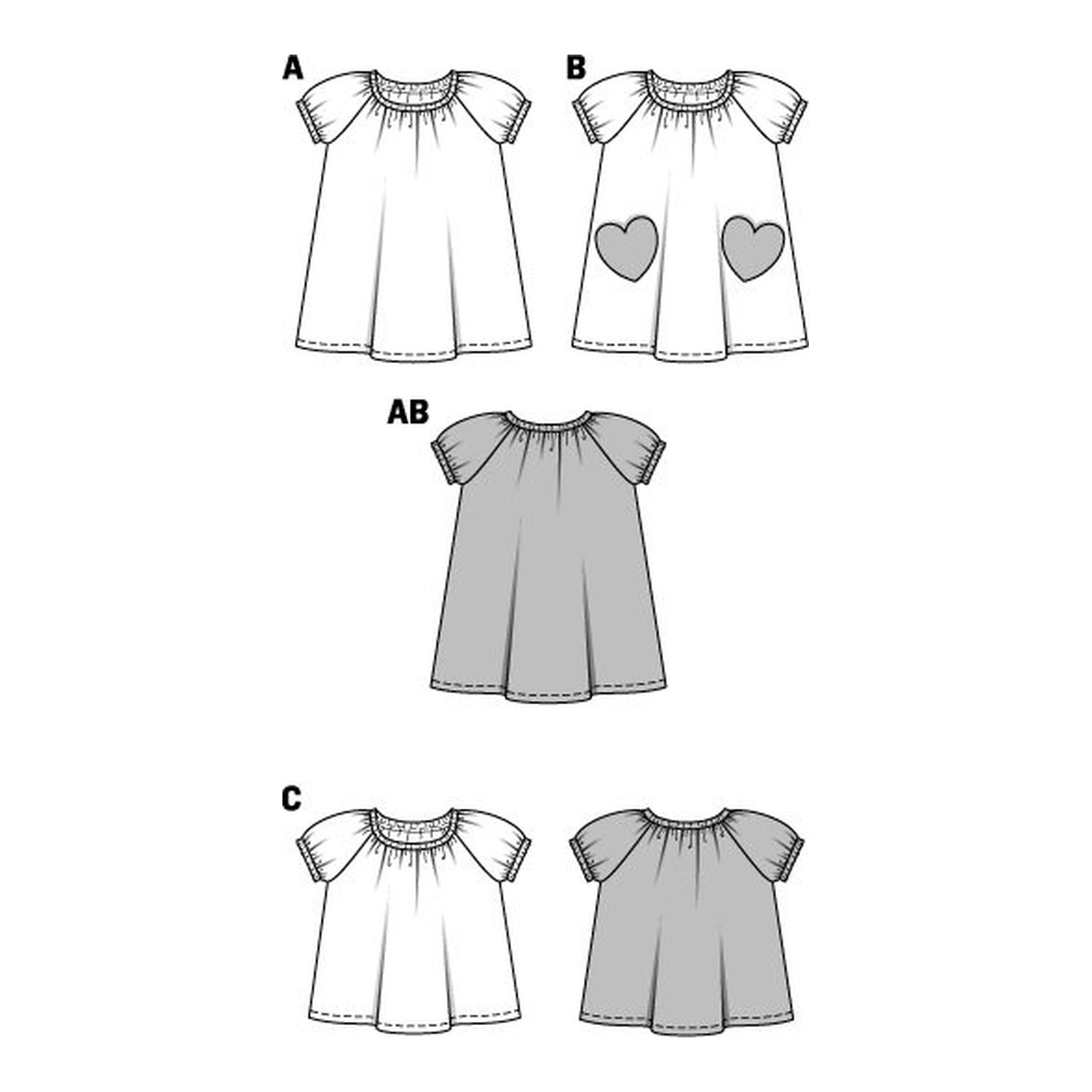 burda style Schnittmuster 9438: Raglankleid und Raglanshirt, Technische Zeichnung